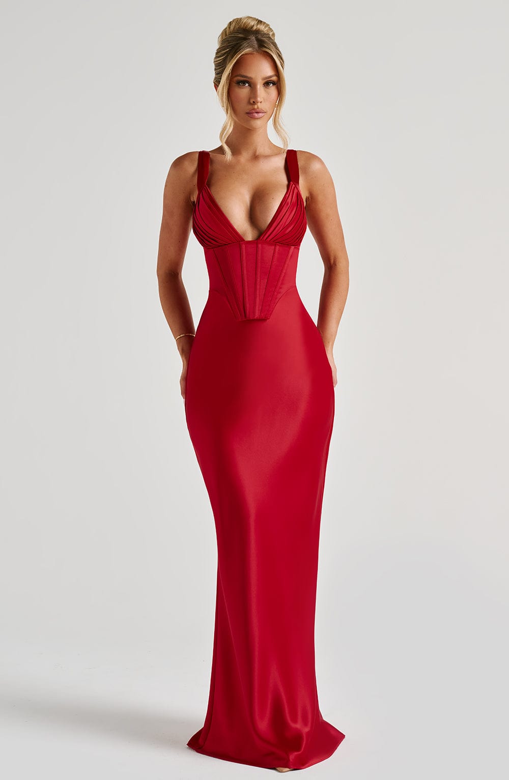 Red Satin Maxi Dress with Corset & Adjustable Straps - Shae