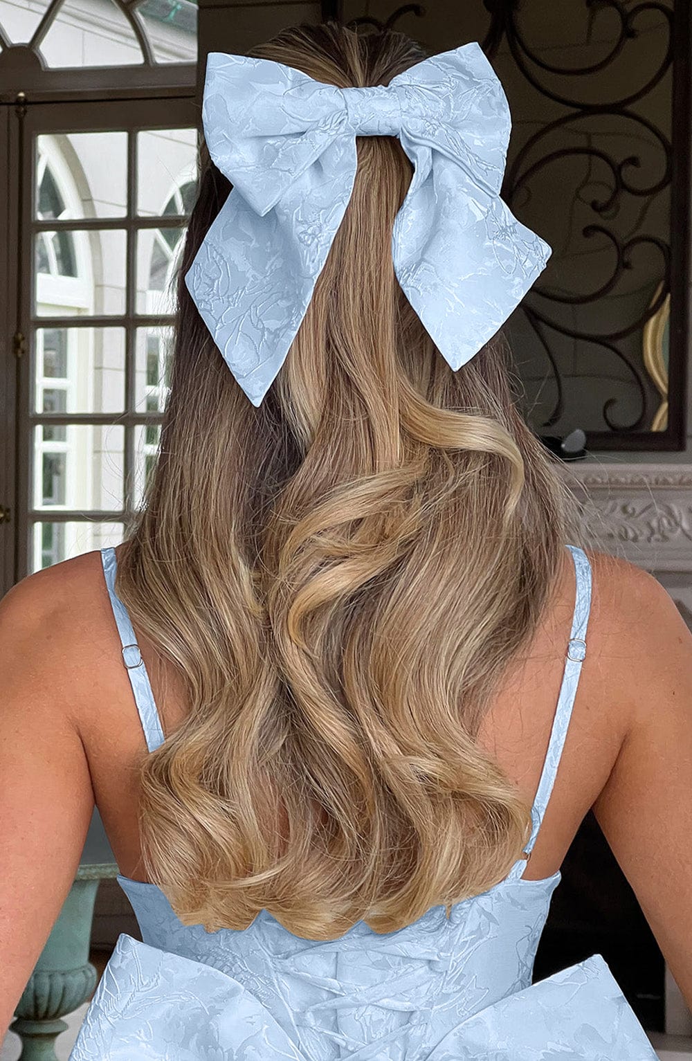 Blue Floral Jacquard Hair Bow Clip - Elsa Barrette Hair Accessory