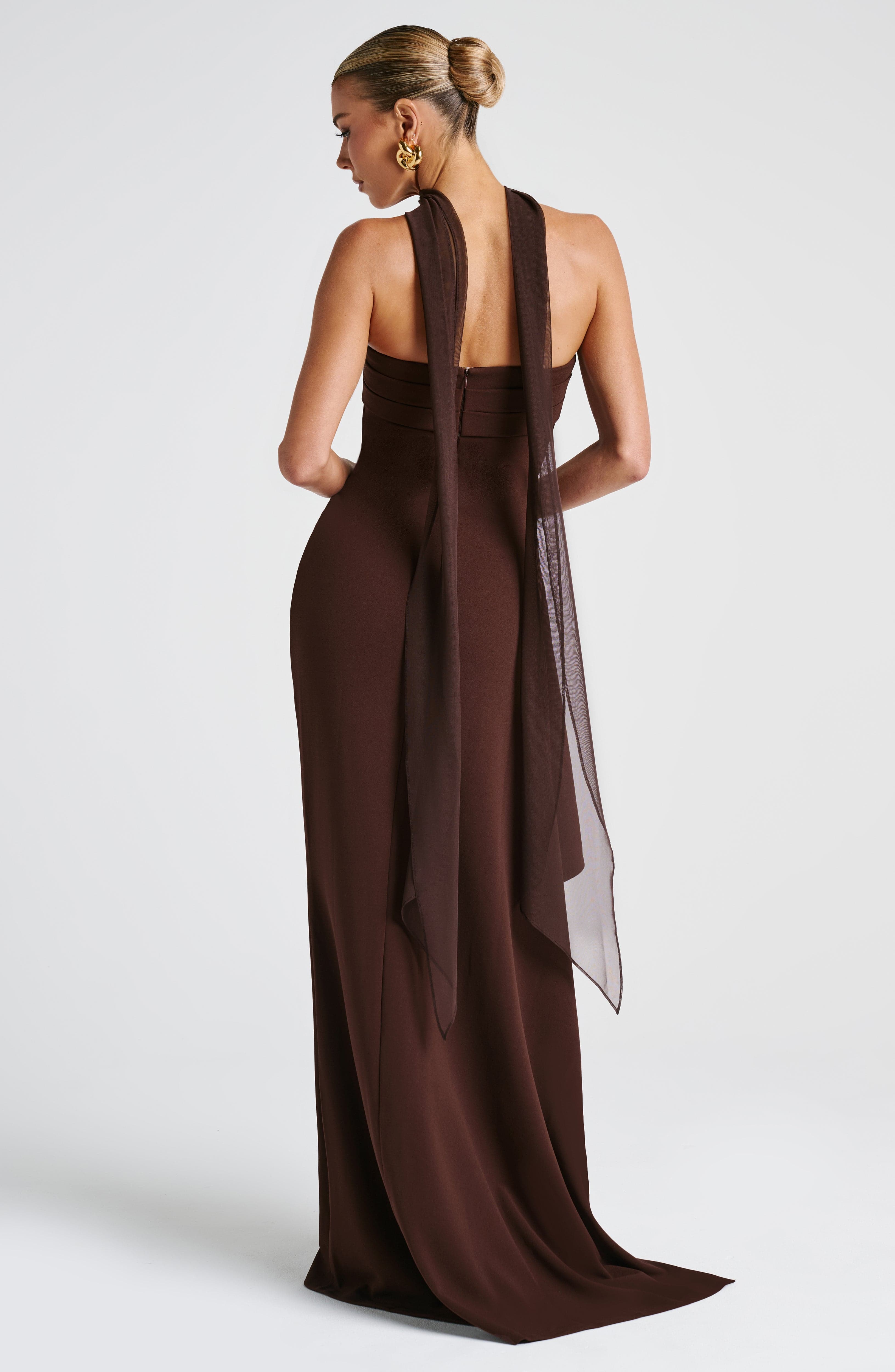 Zafira Strapless Maxi Dress in Plum Brown with Thigh Split