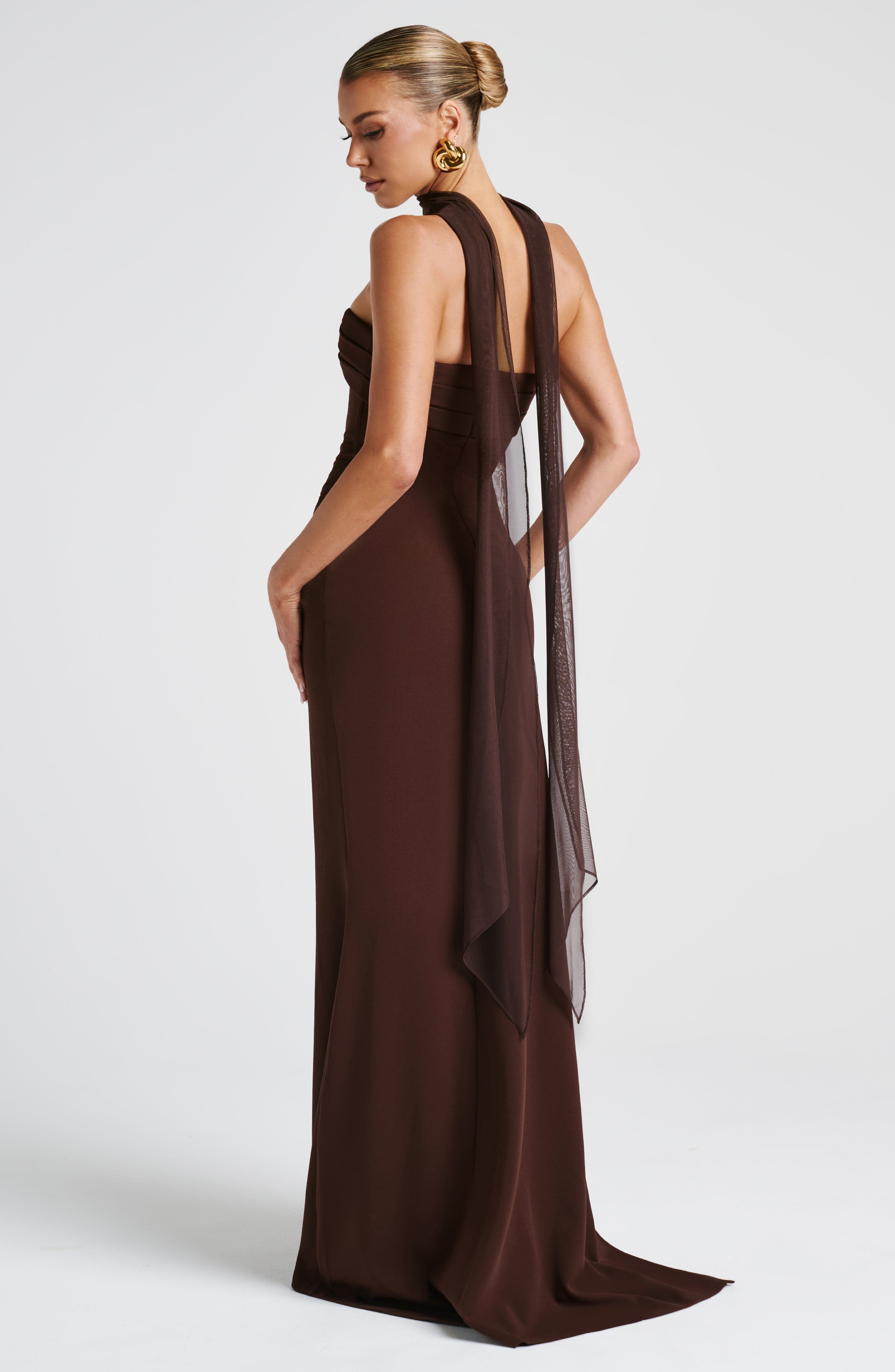 Zafira Strapless Maxi Dress in Plum Brown with Thigh Split
