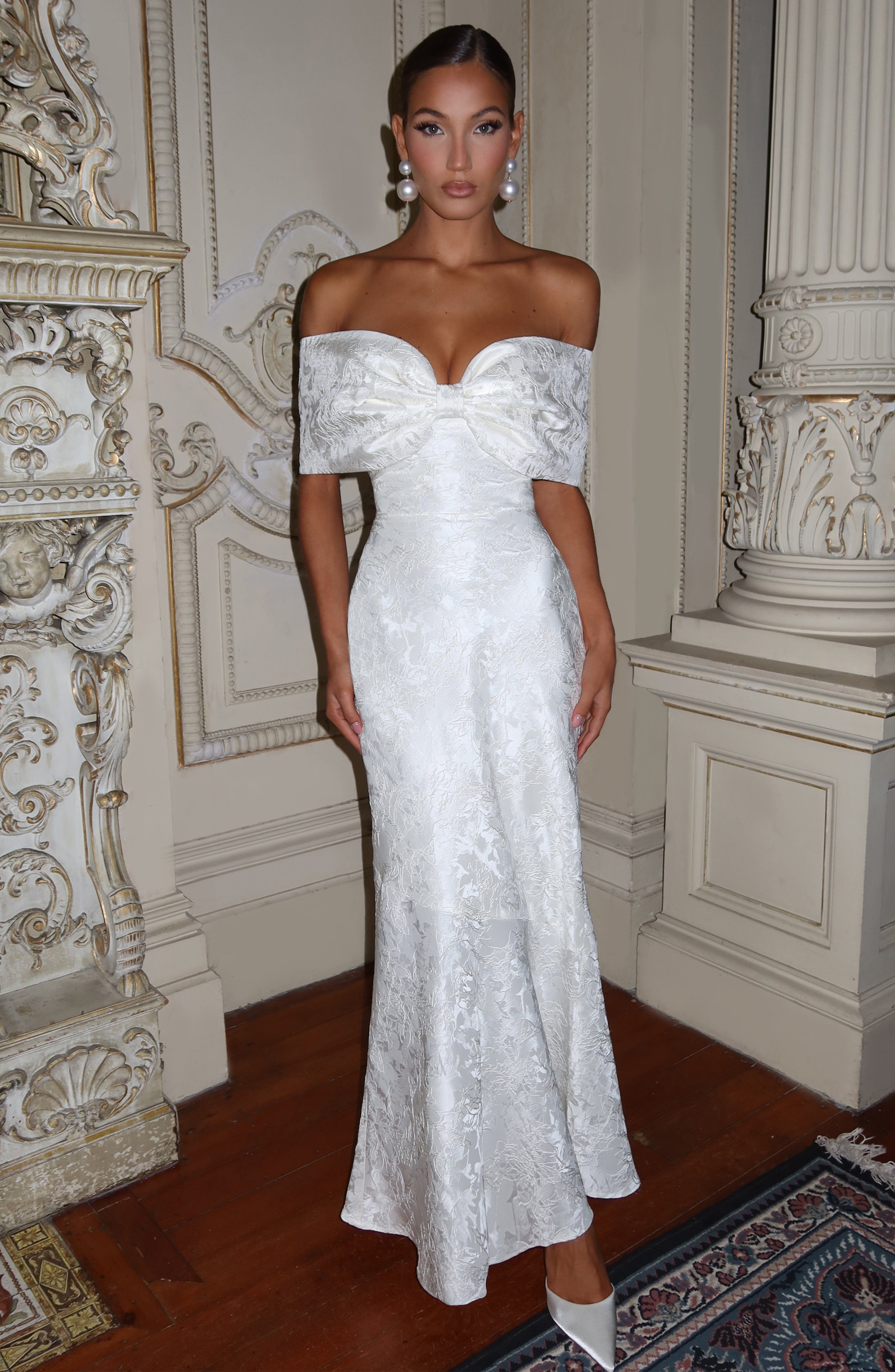Emberly Ivory Maxi Dress with Lace-Up Back & Bardot Bow