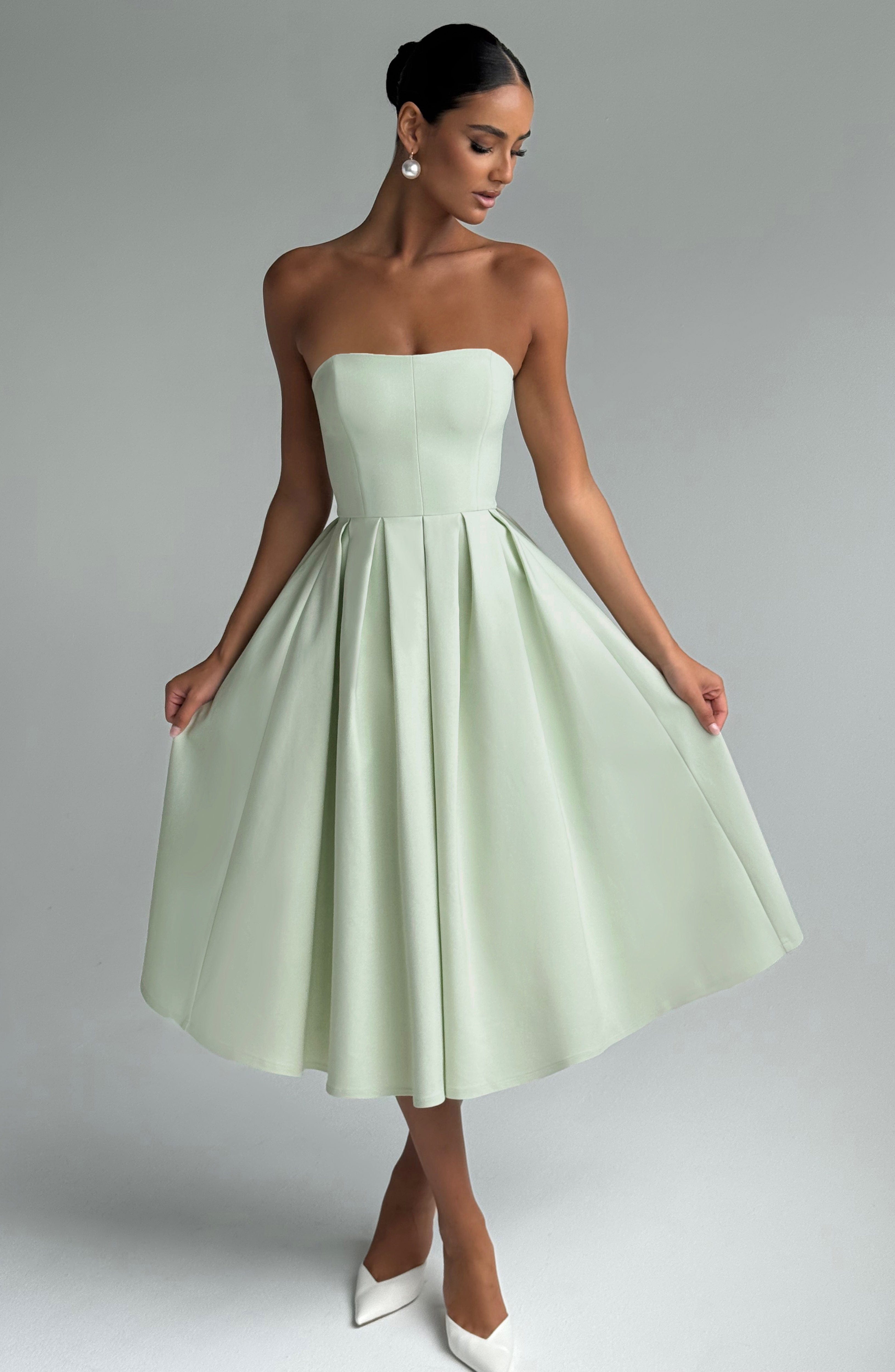 Mint Strapless Midi Dress with Boned Bodice & Tulle Skirt - Edith
