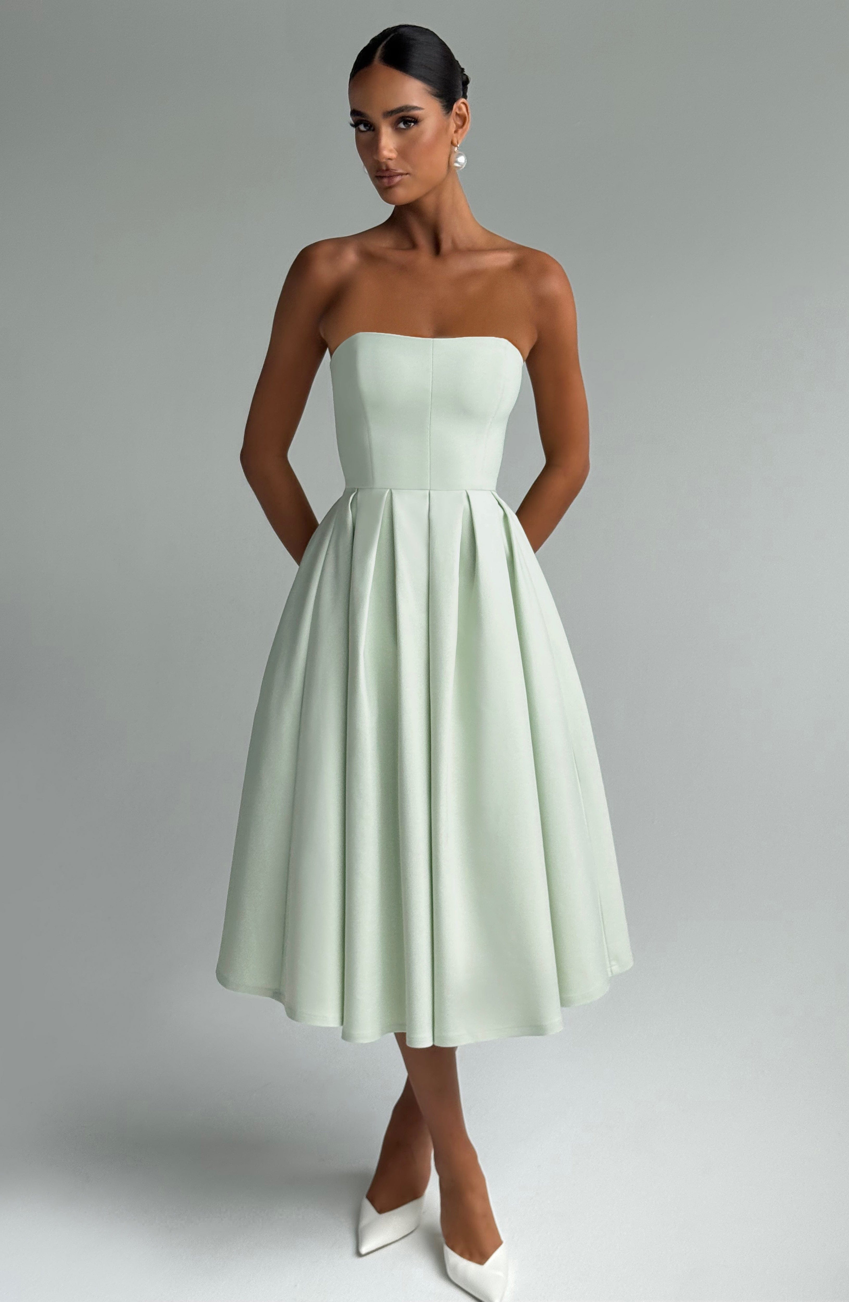 Mint Strapless Midi Dress with Boned Bodice & Tulle Skirt - Edith