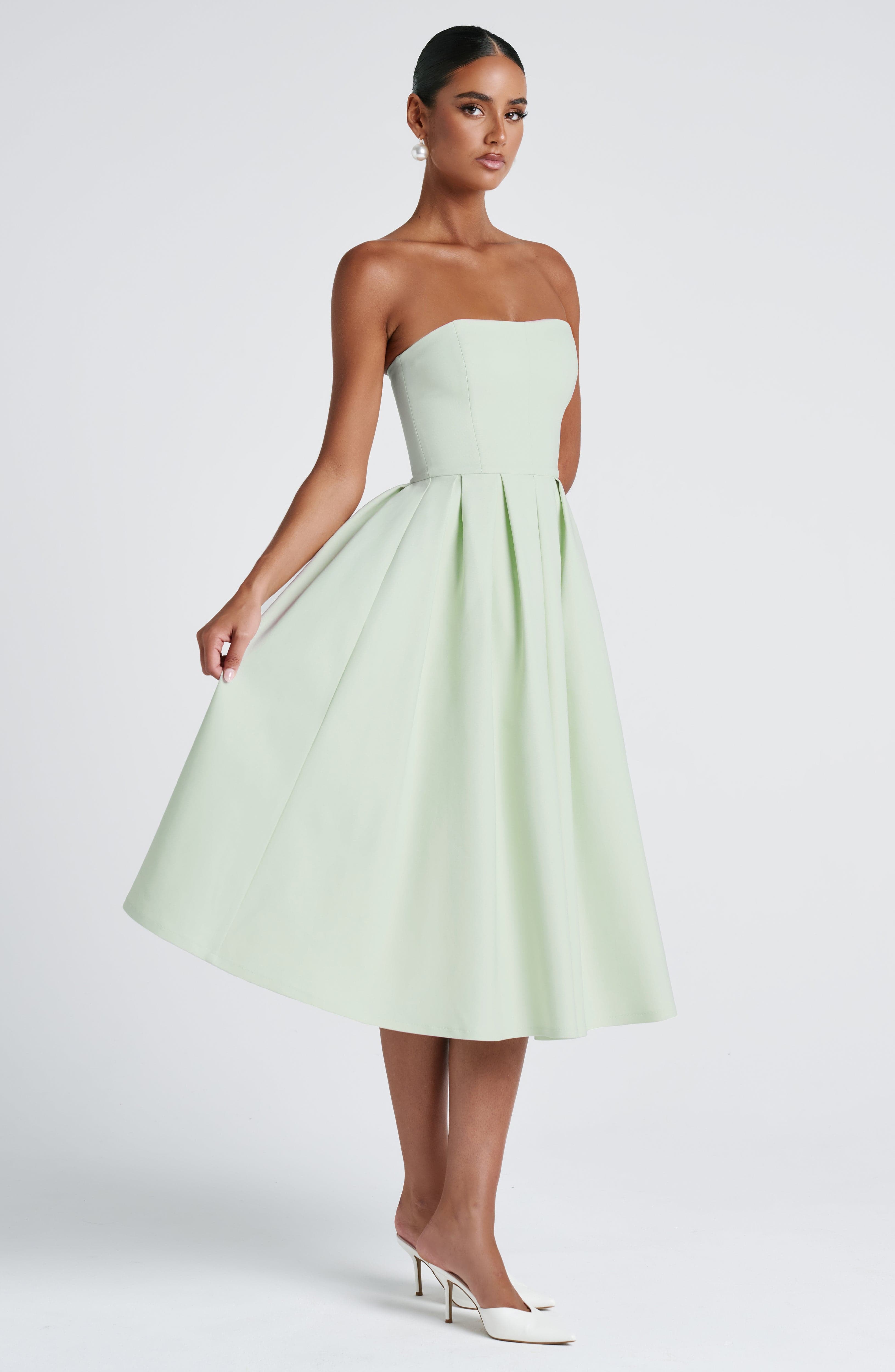 Mint Strapless Midi Dress with Boned Bodice & Tulle Skirt - Edith