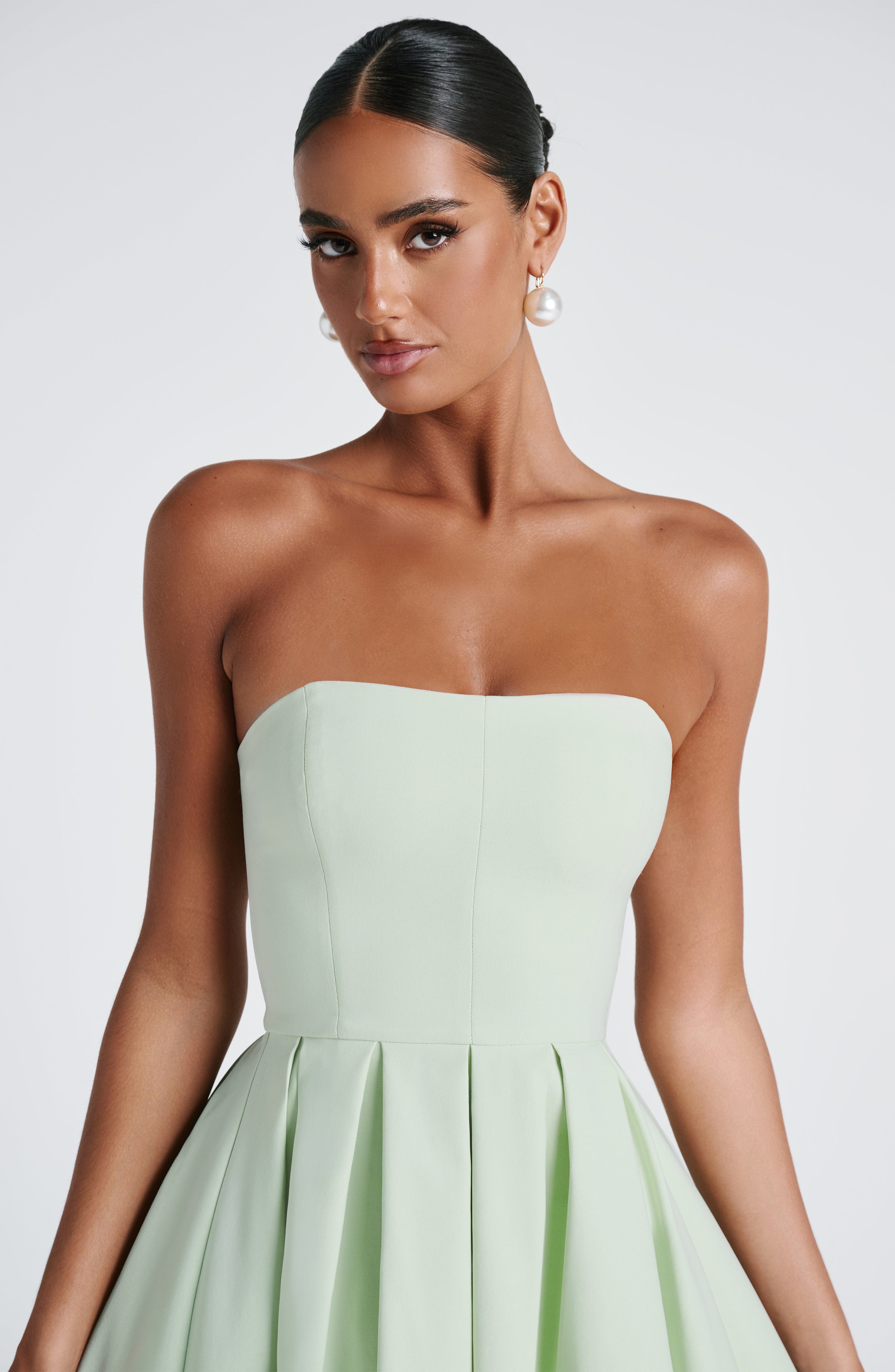 Mint Strapless Midi Dress with Boned Bodice & Tulle Skirt - Edith