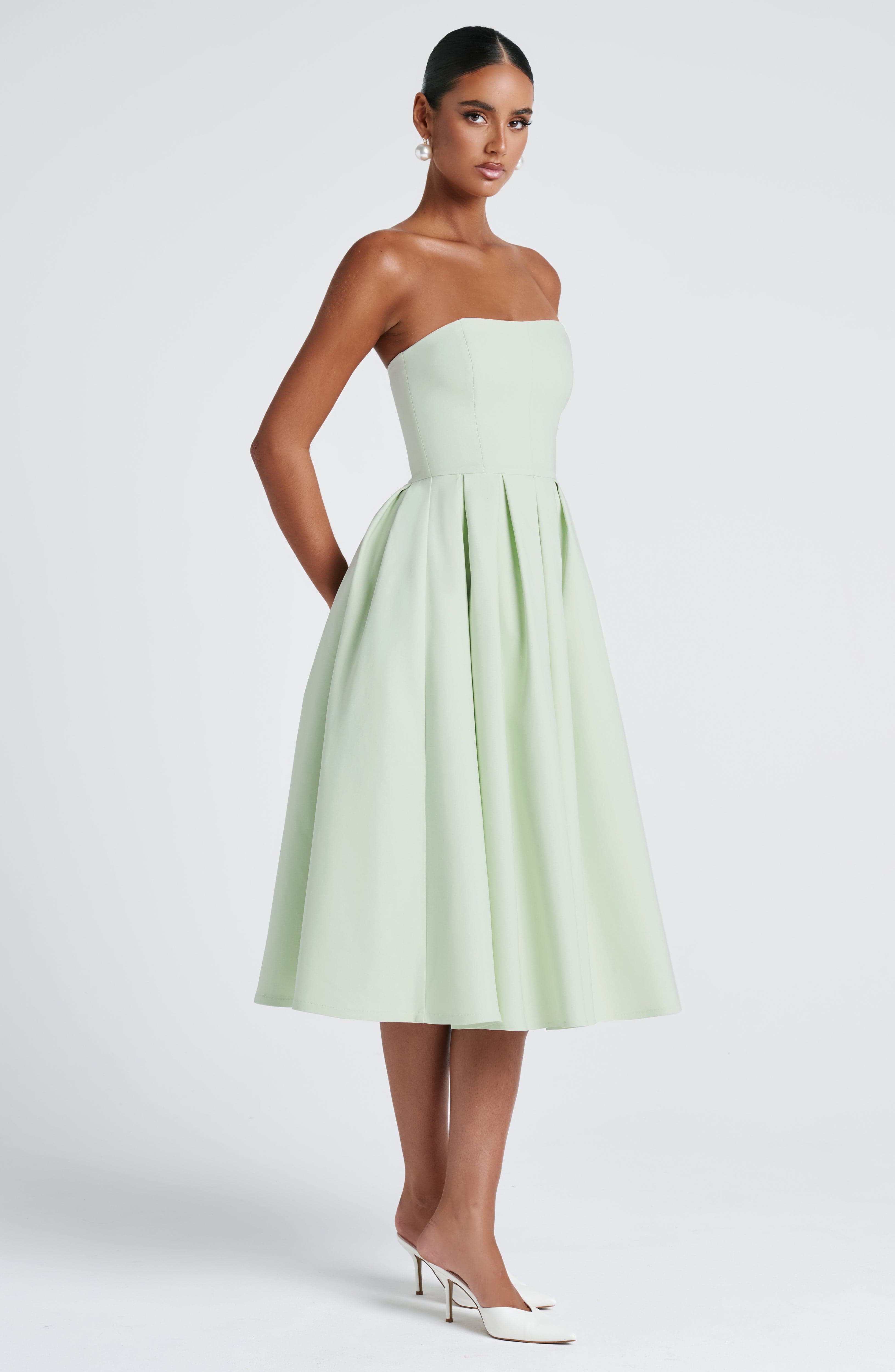 Mint Strapless Midi Dress with Boned Bodice & Tulle Skirt - Edith