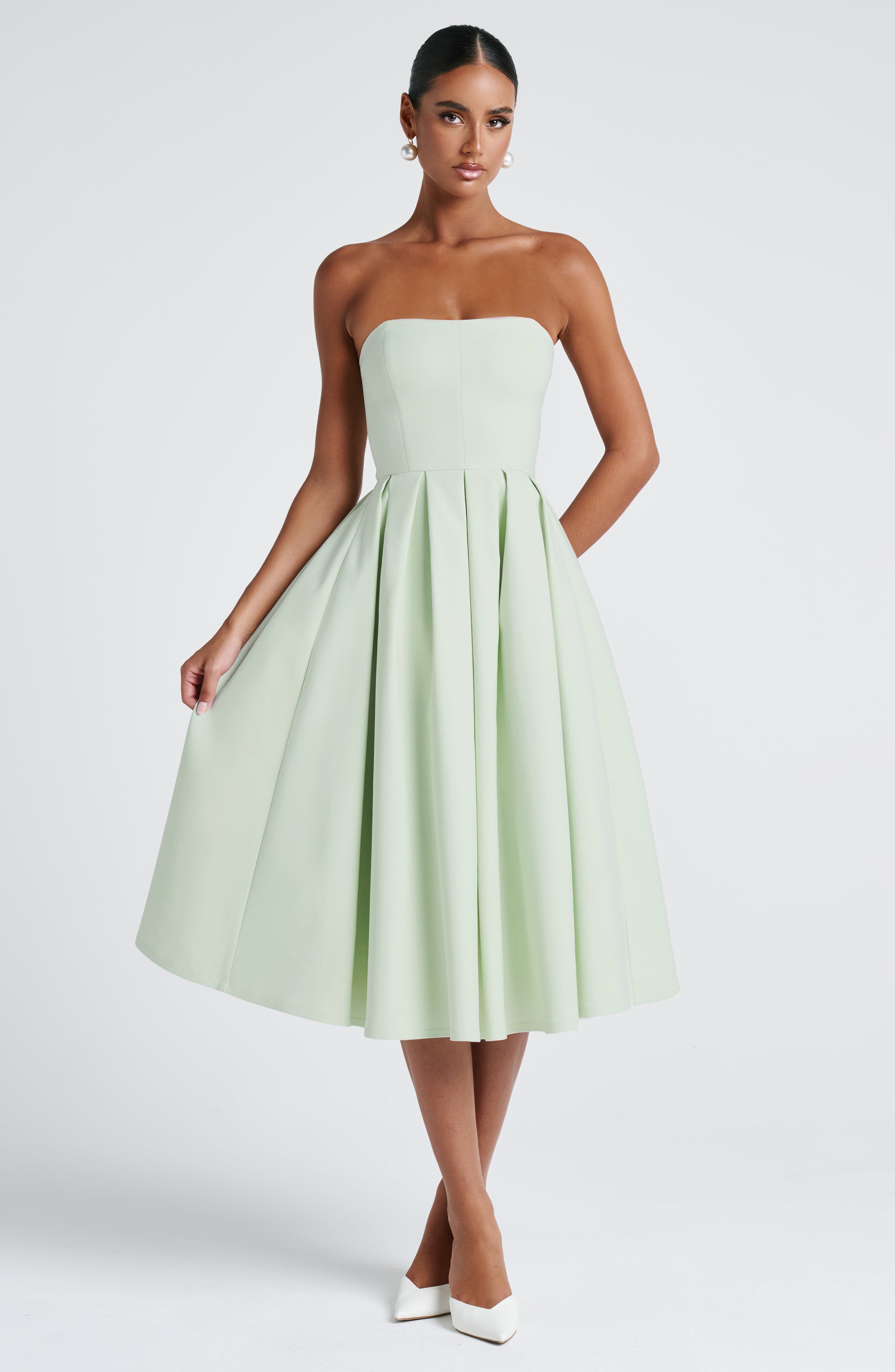 Mint Strapless Midi Dress with Boned Bodice & Tulle Skirt - Edith