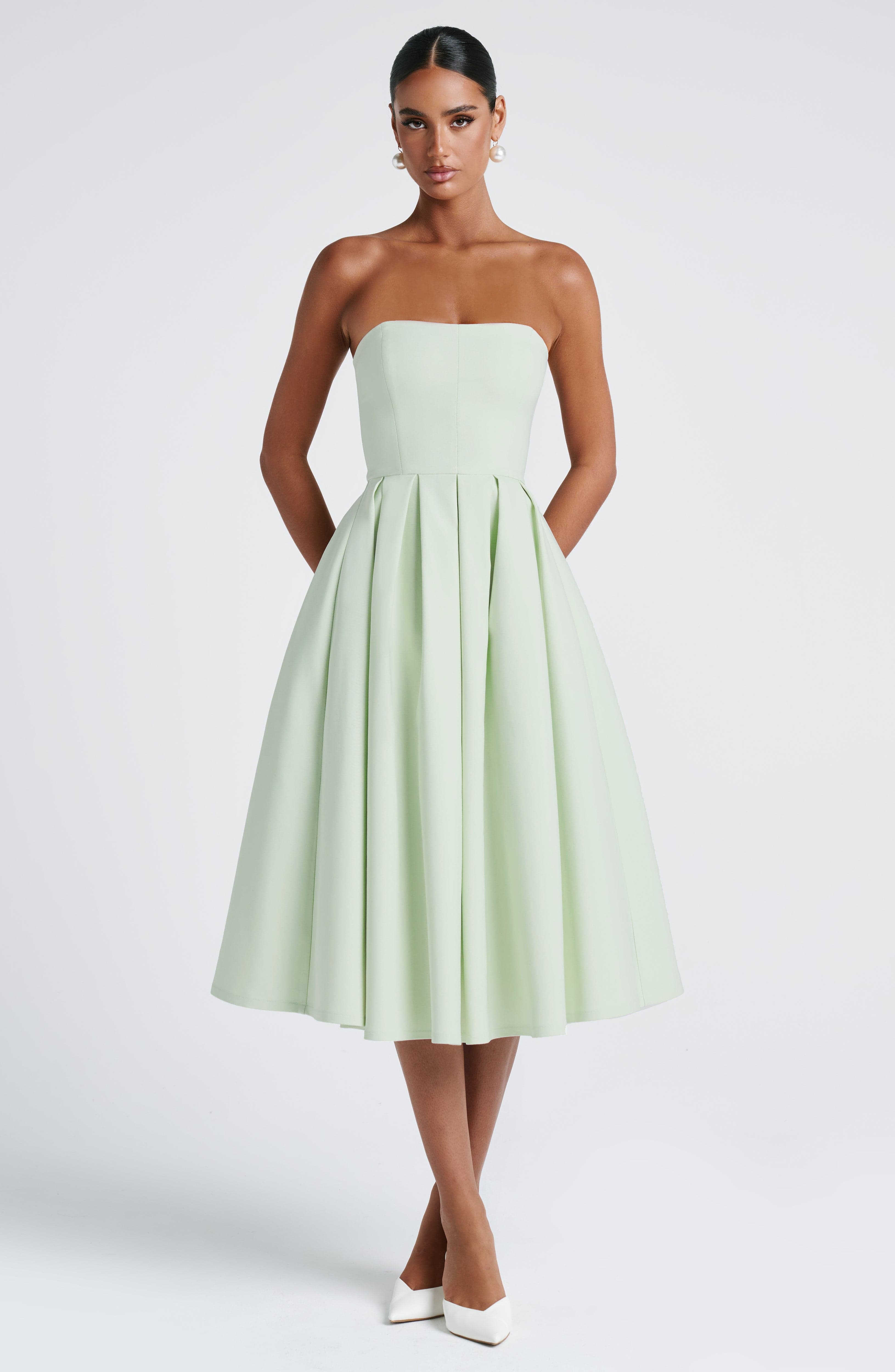 Mint Strapless Midi Dress with Boned Bodice & Tulle Skirt - Edith