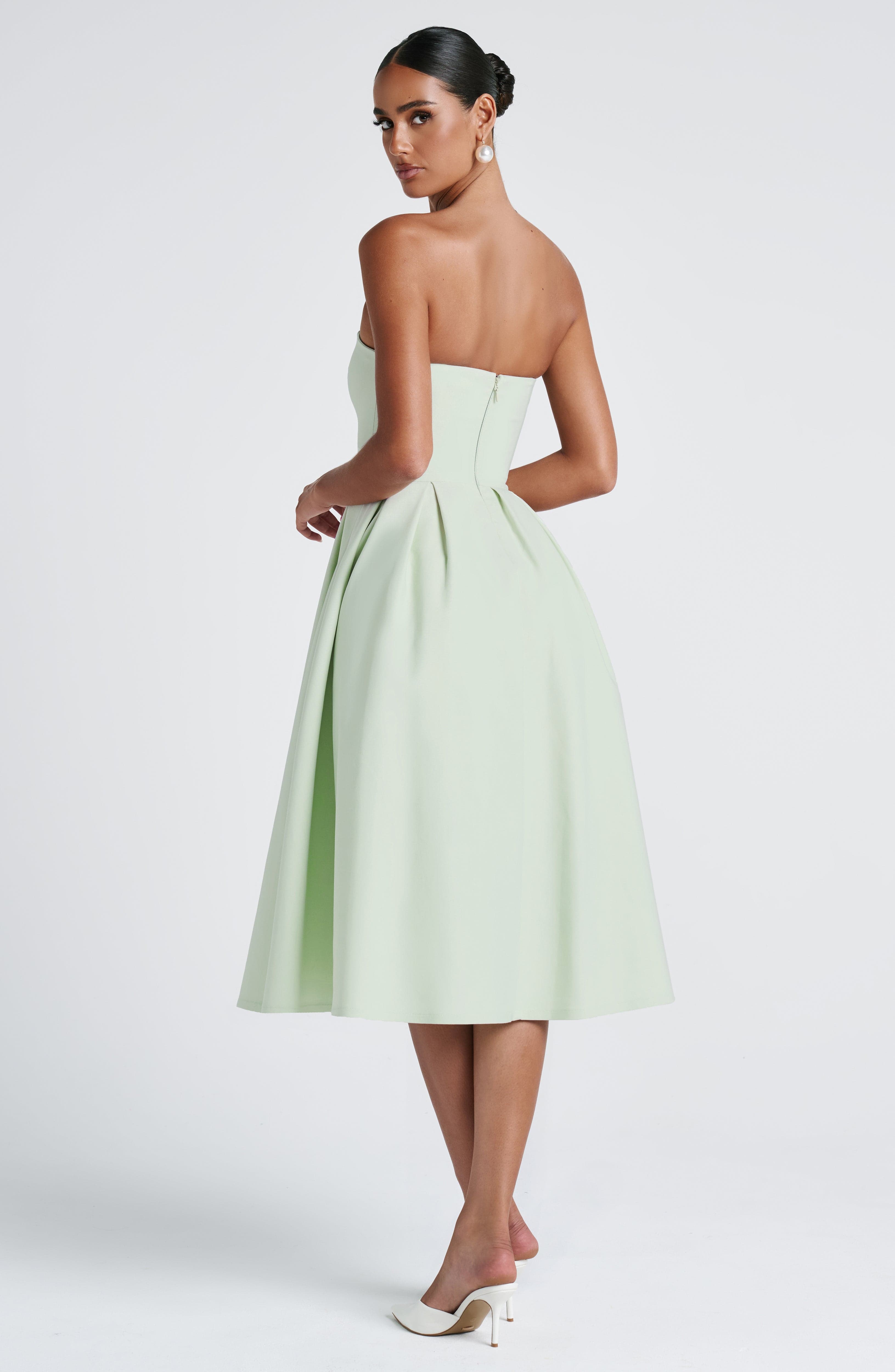 Mint Strapless Midi Dress with Boned Bodice & Tulle Skirt - Edith