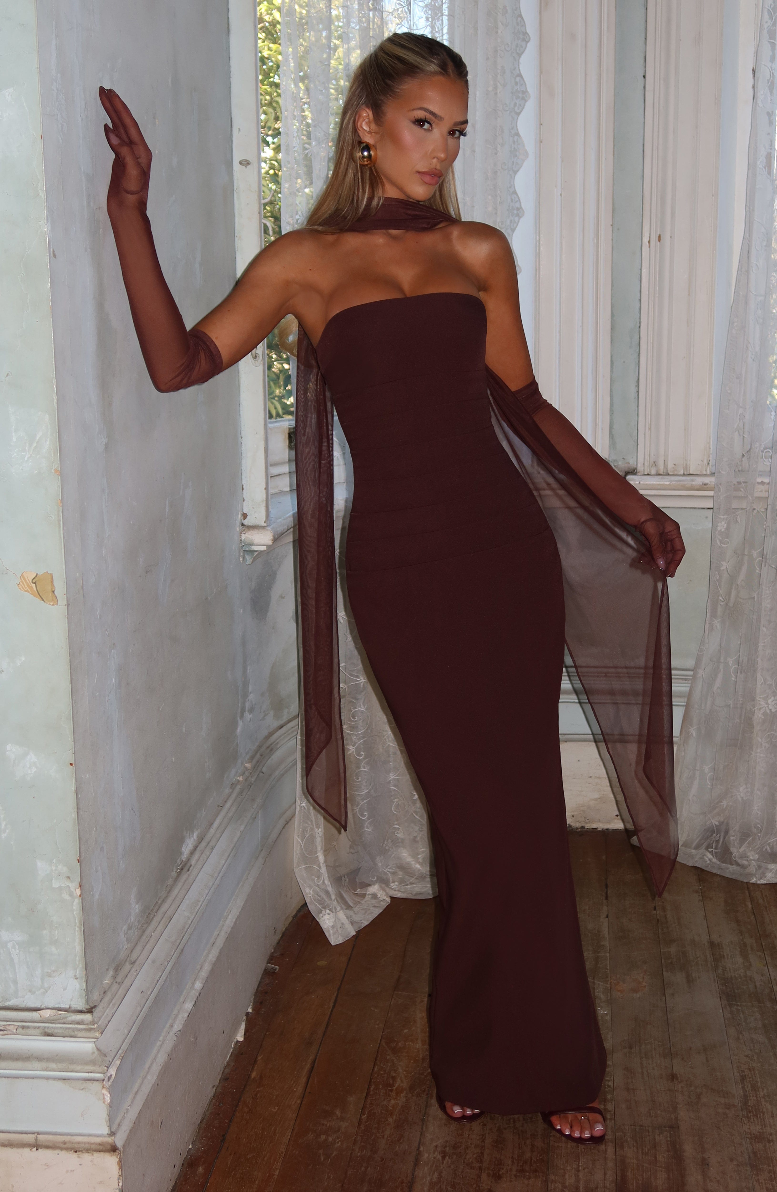 Yulia Strapless Maxi Dress in Plum Brown with Detachable Mesh Strap