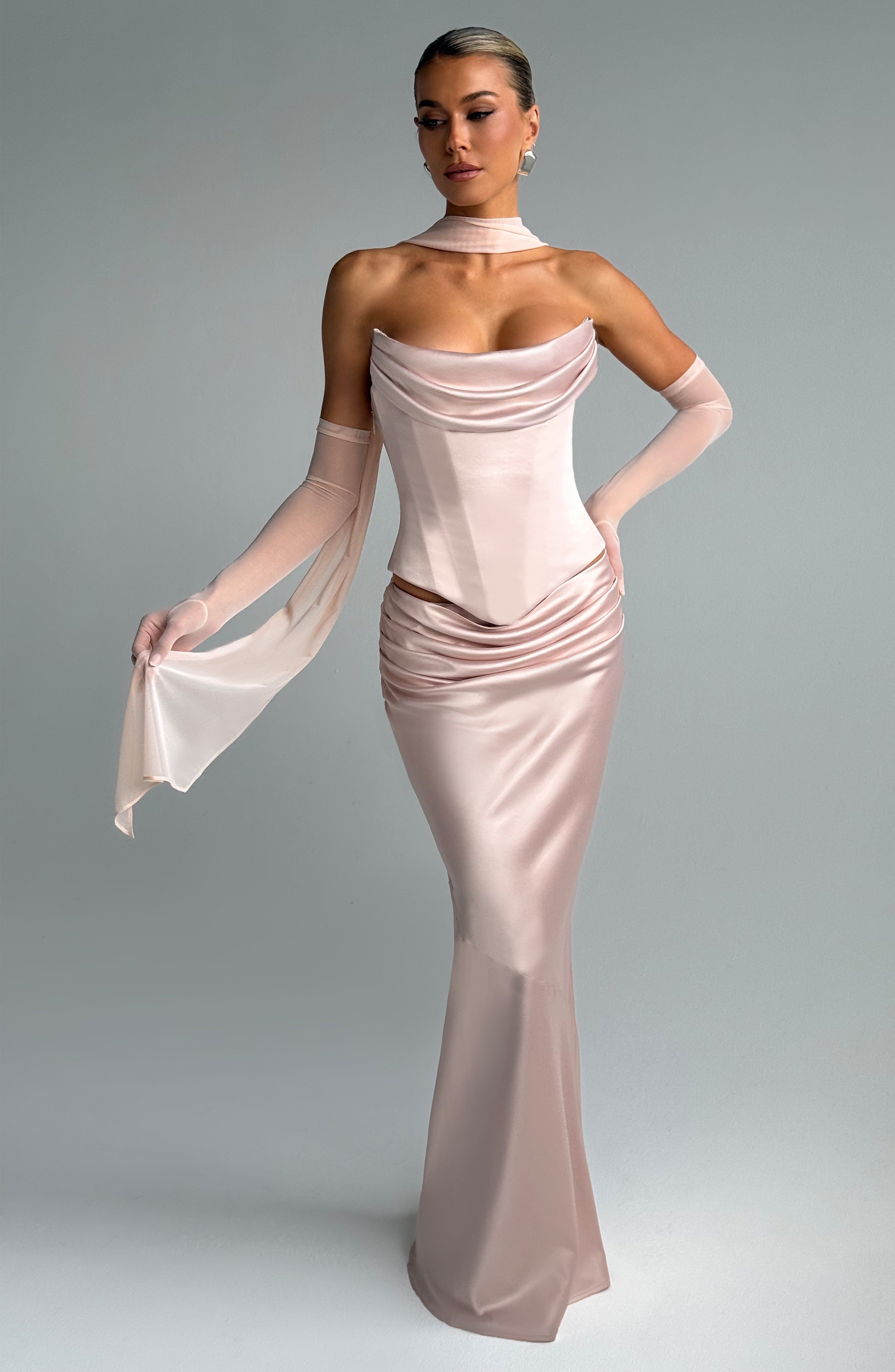 Bernadette Maxi Skirt in Soft Peach - Stretch Satin & Bias Cut