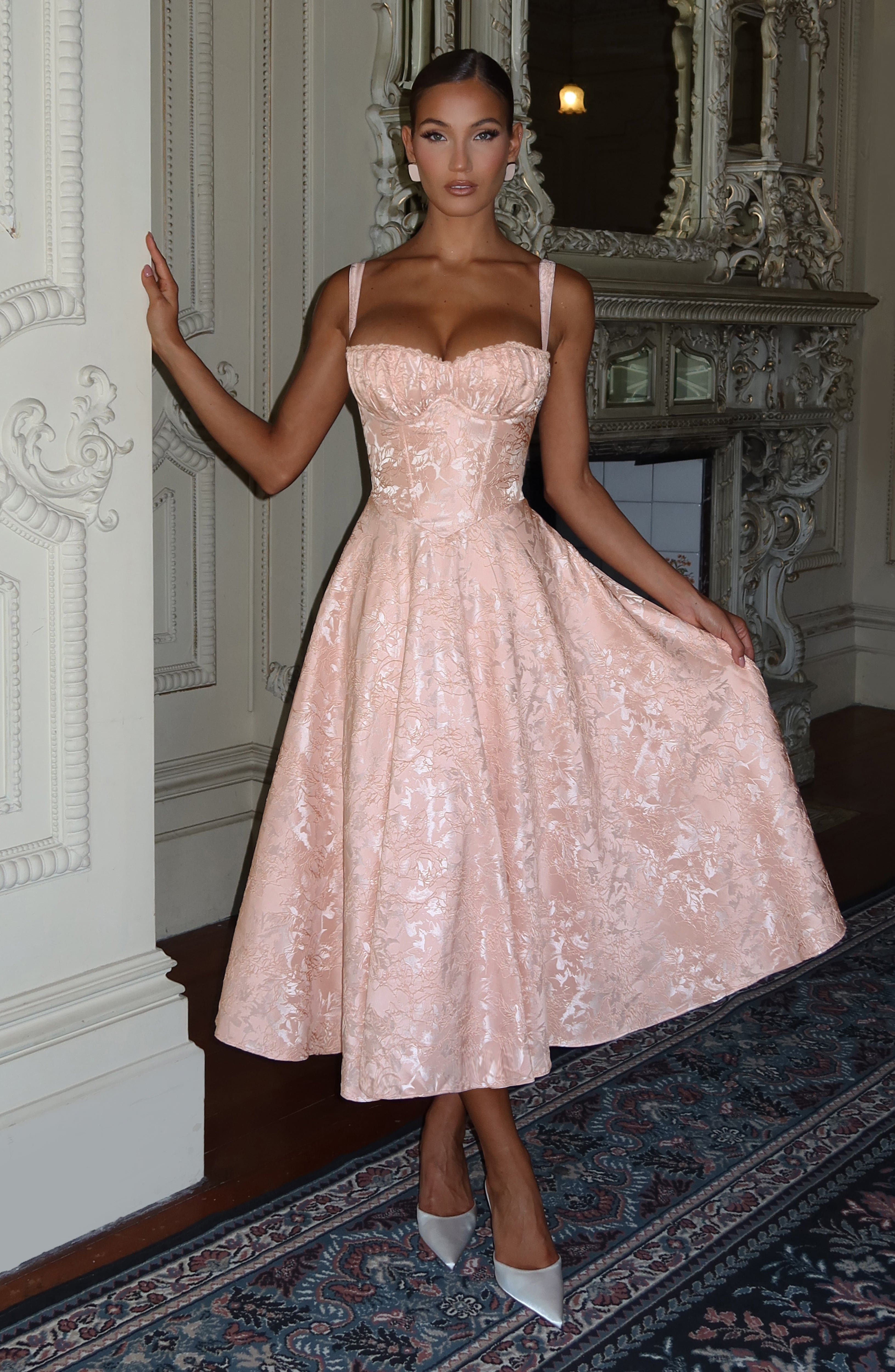 Amity Lace Trim Midi Dress with Boning - Soft Peach Floral Jacquard