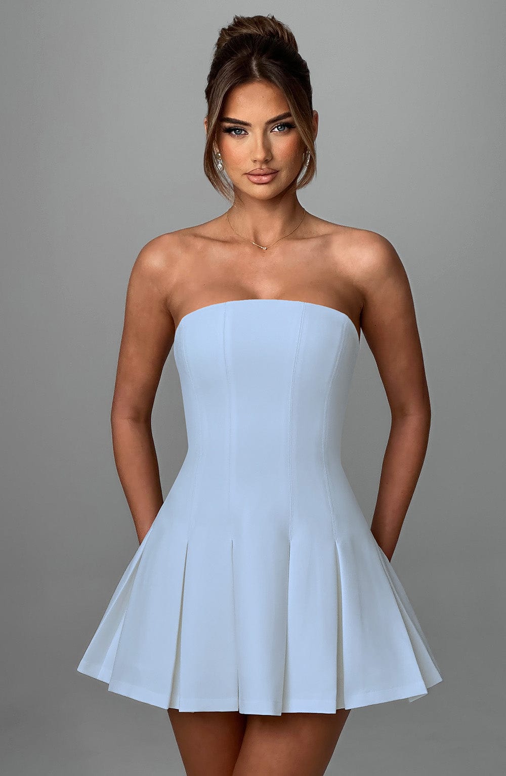 Bryony Strapless Mini Dress in Blue - Premium Crepe & Box Pleat Detail