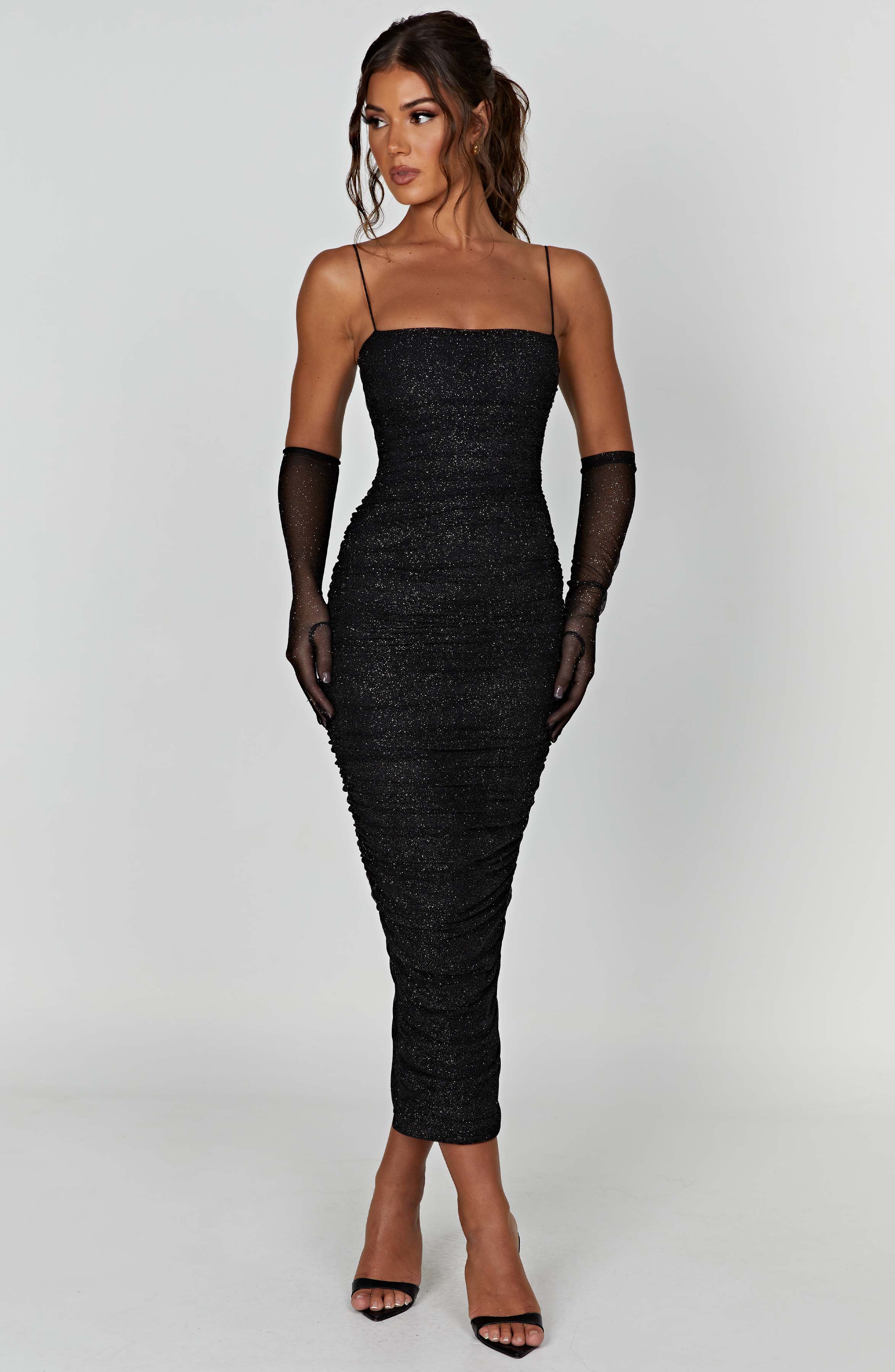 Black Sparkle Gracie Maxi Dress - Ruched Bodycon Evening Gown