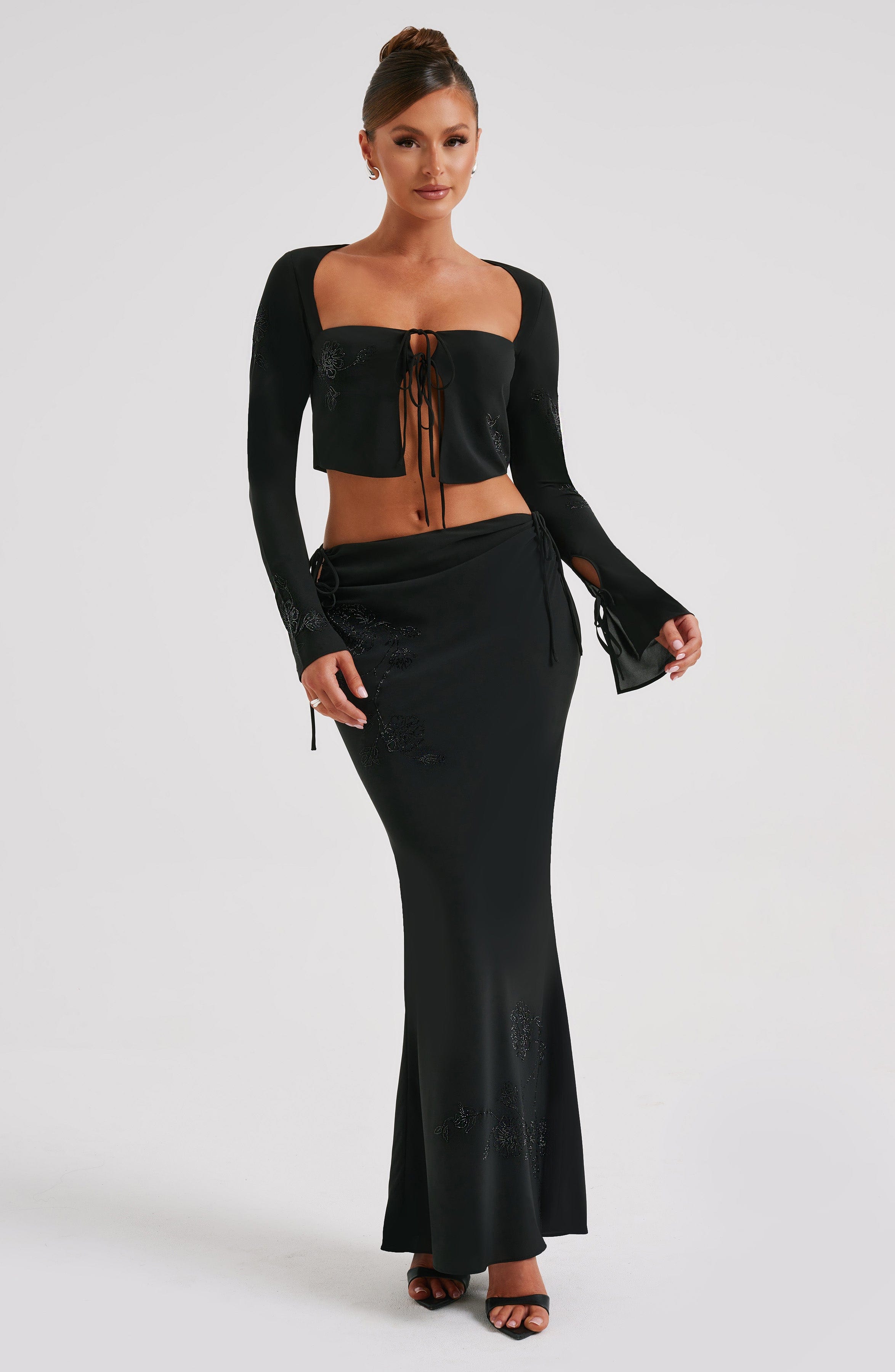 Tana Black Maxi Skirt - Flowy Georgette Satin with Tie Detail