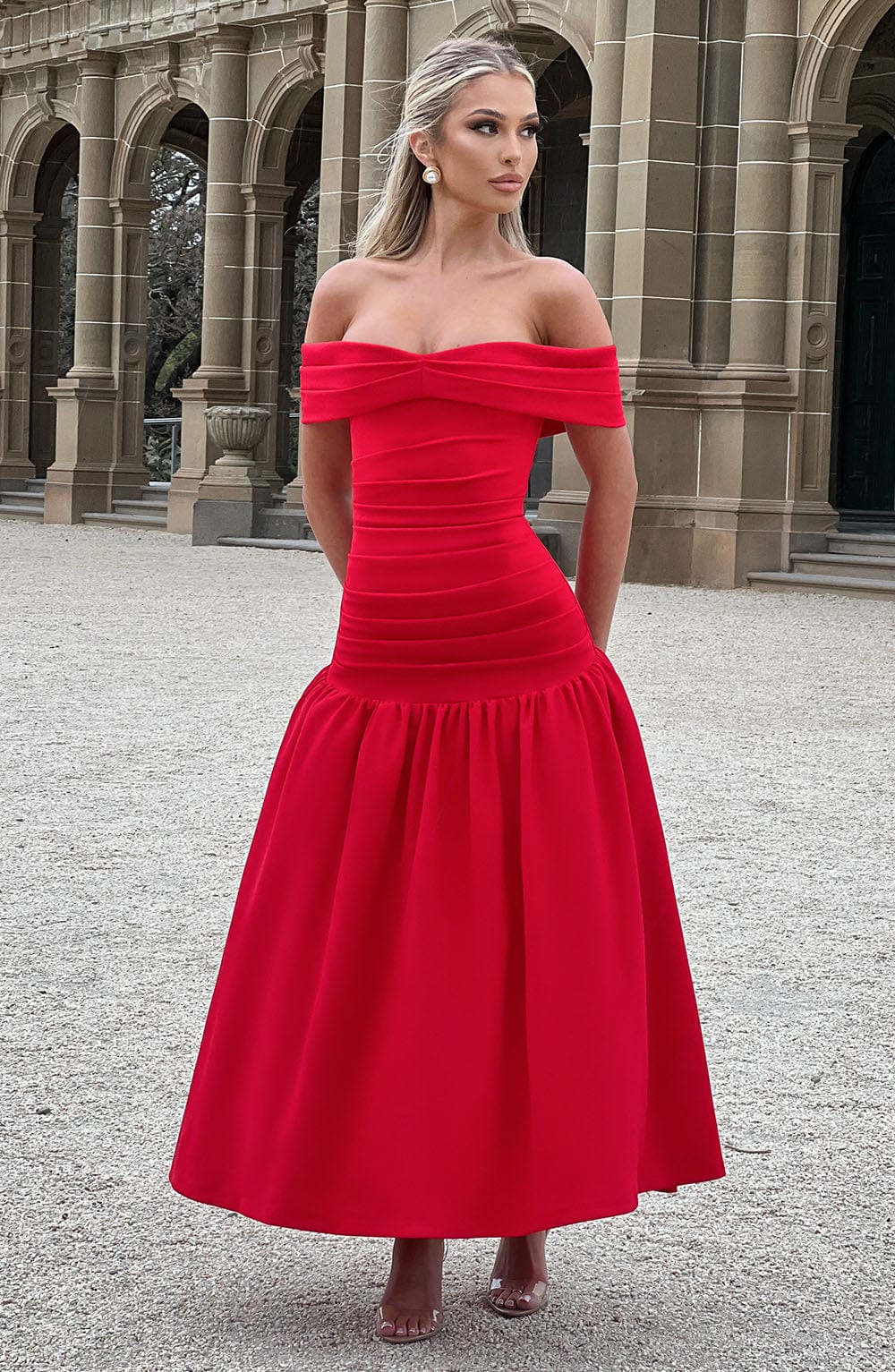 Wilhelmina Red Bardot Neckline Midaxi Dress