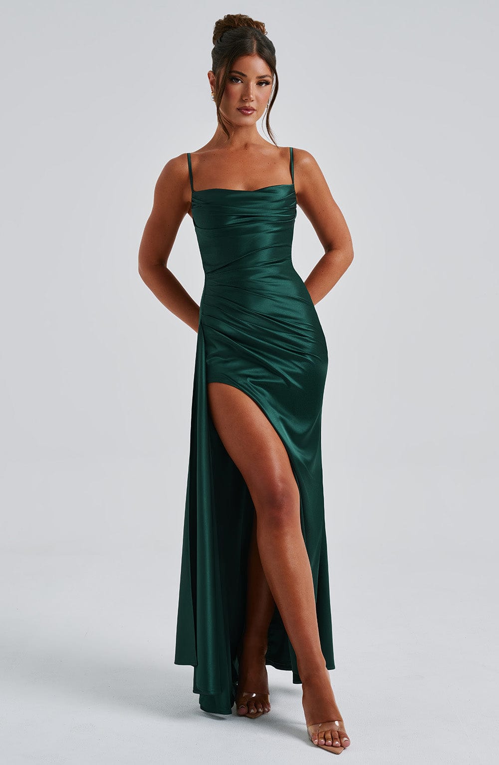 Winona Satin Maxi Dress with Cowl Neck & Thigh Split - Emerald