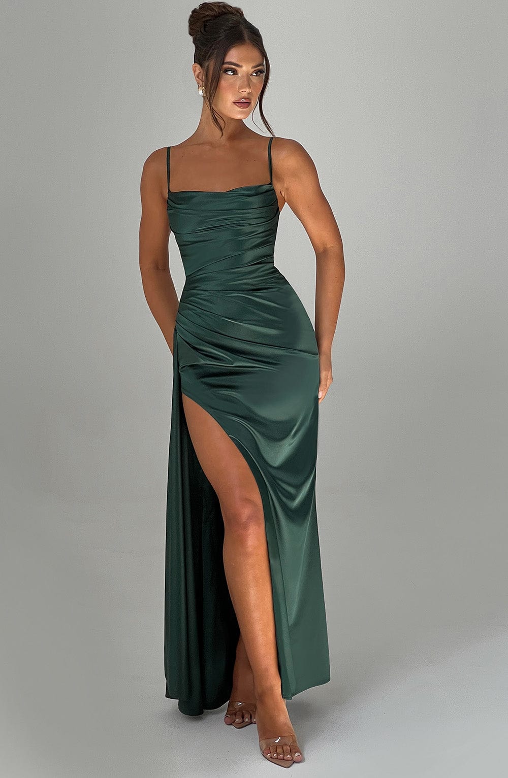 Winona Satin Maxi Dress with Cowl Neck & Thigh Split - Emerald