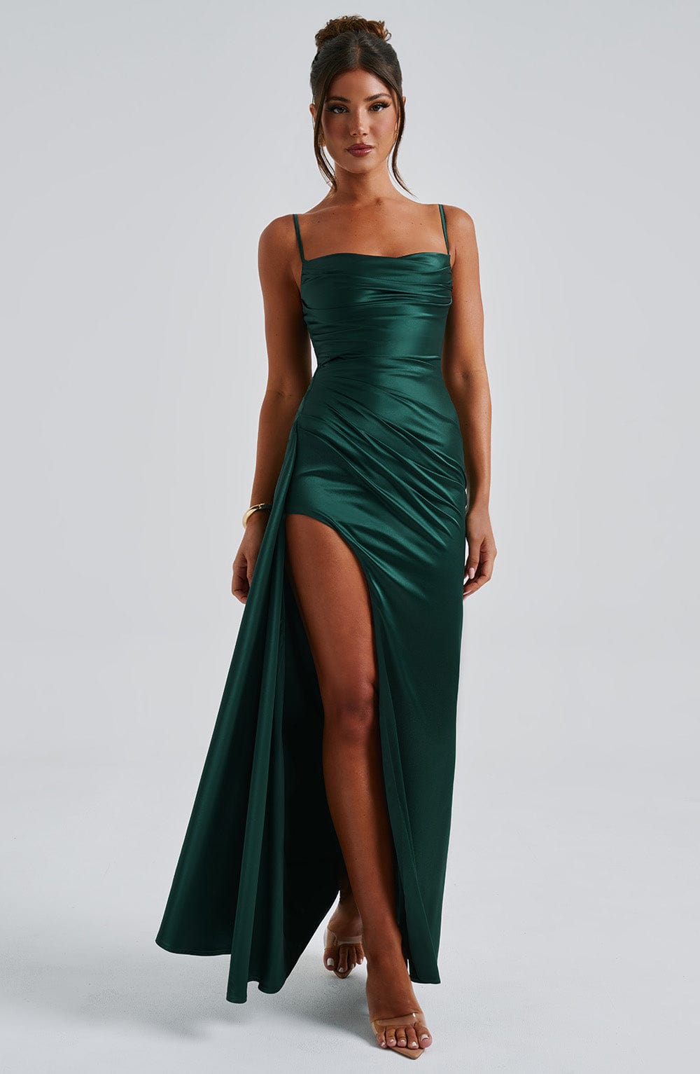 Winona Satin Maxi Dress with Cowl Neck & Thigh Split - Emerald
