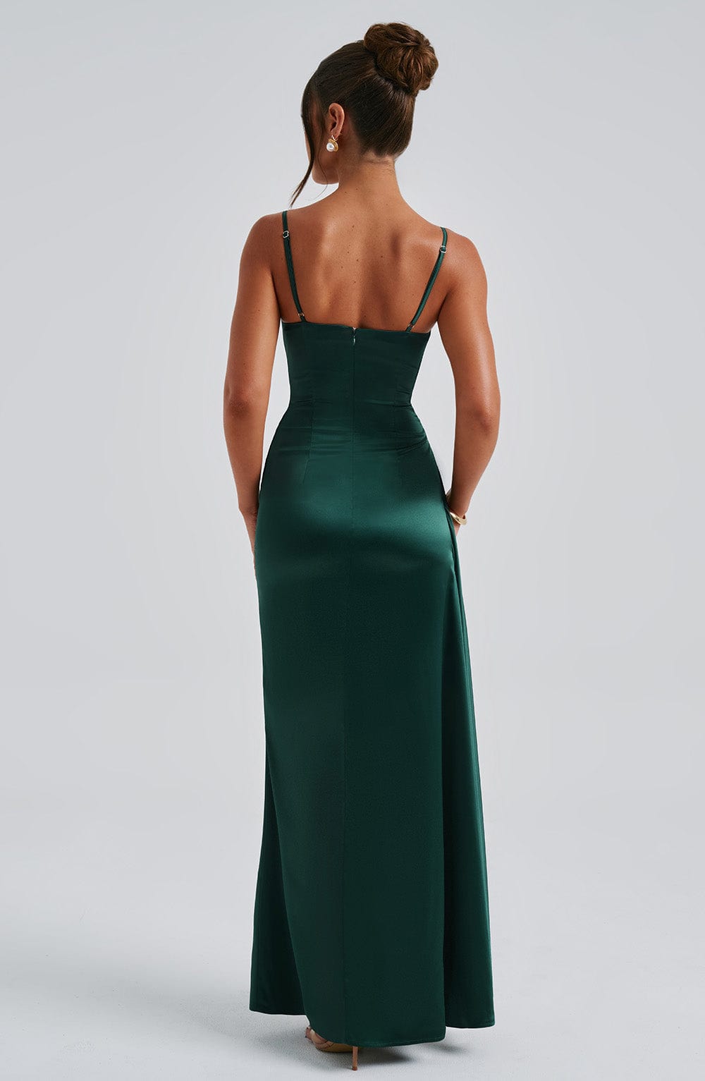 Winona Satin Maxi Dress with Cowl Neck & Thigh Split - Emerald