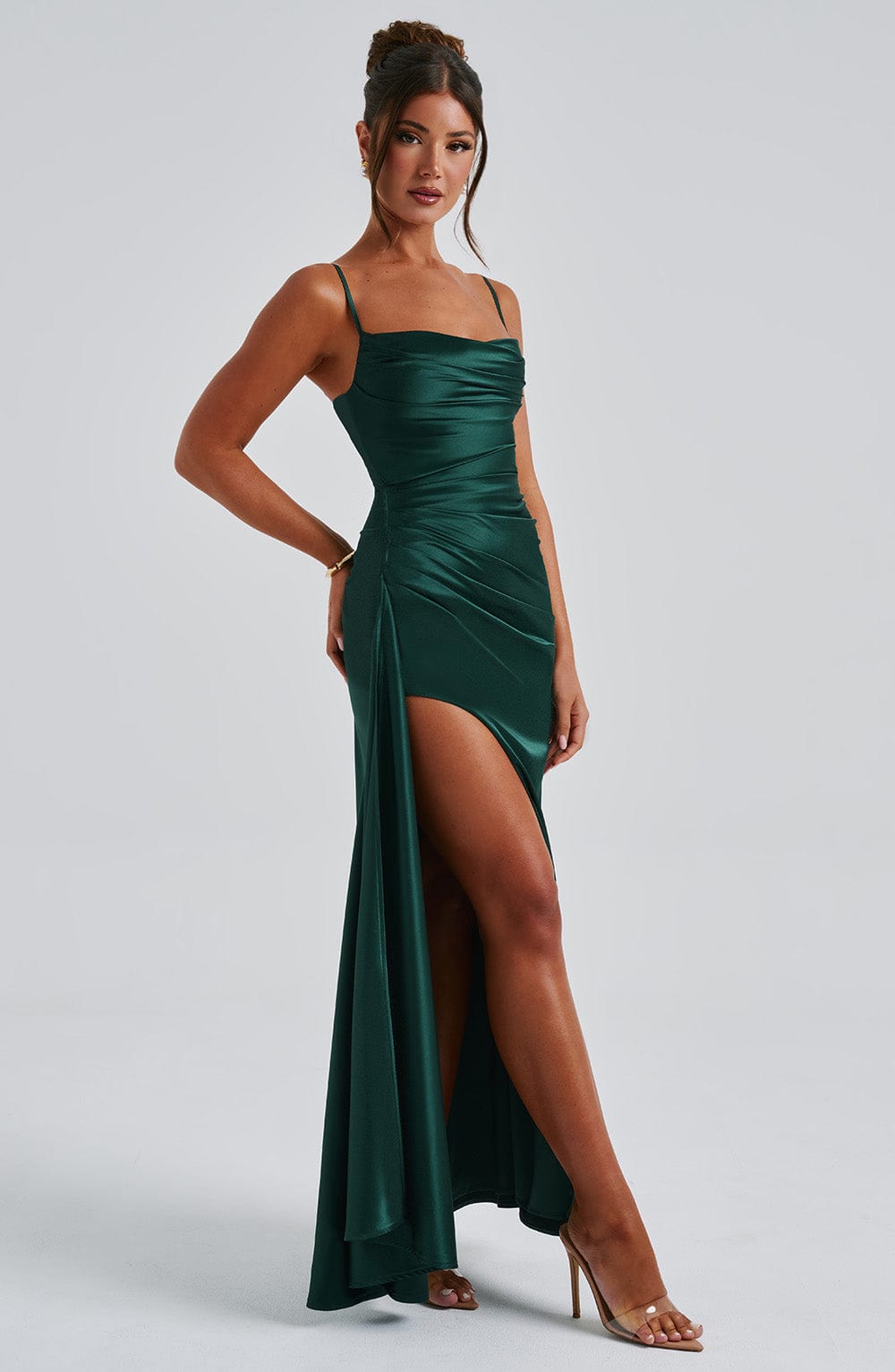 Winona Satin Maxi Dress with Cowl Neck & Thigh Split - Emerald