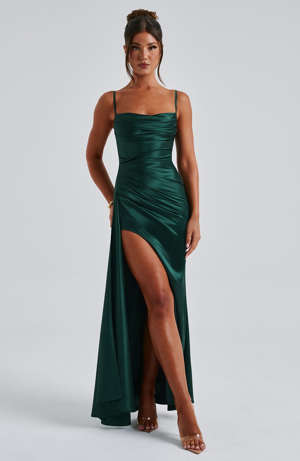 Winona Satin Maxi Dress with Cowl Neck & Thigh Split - Emerald