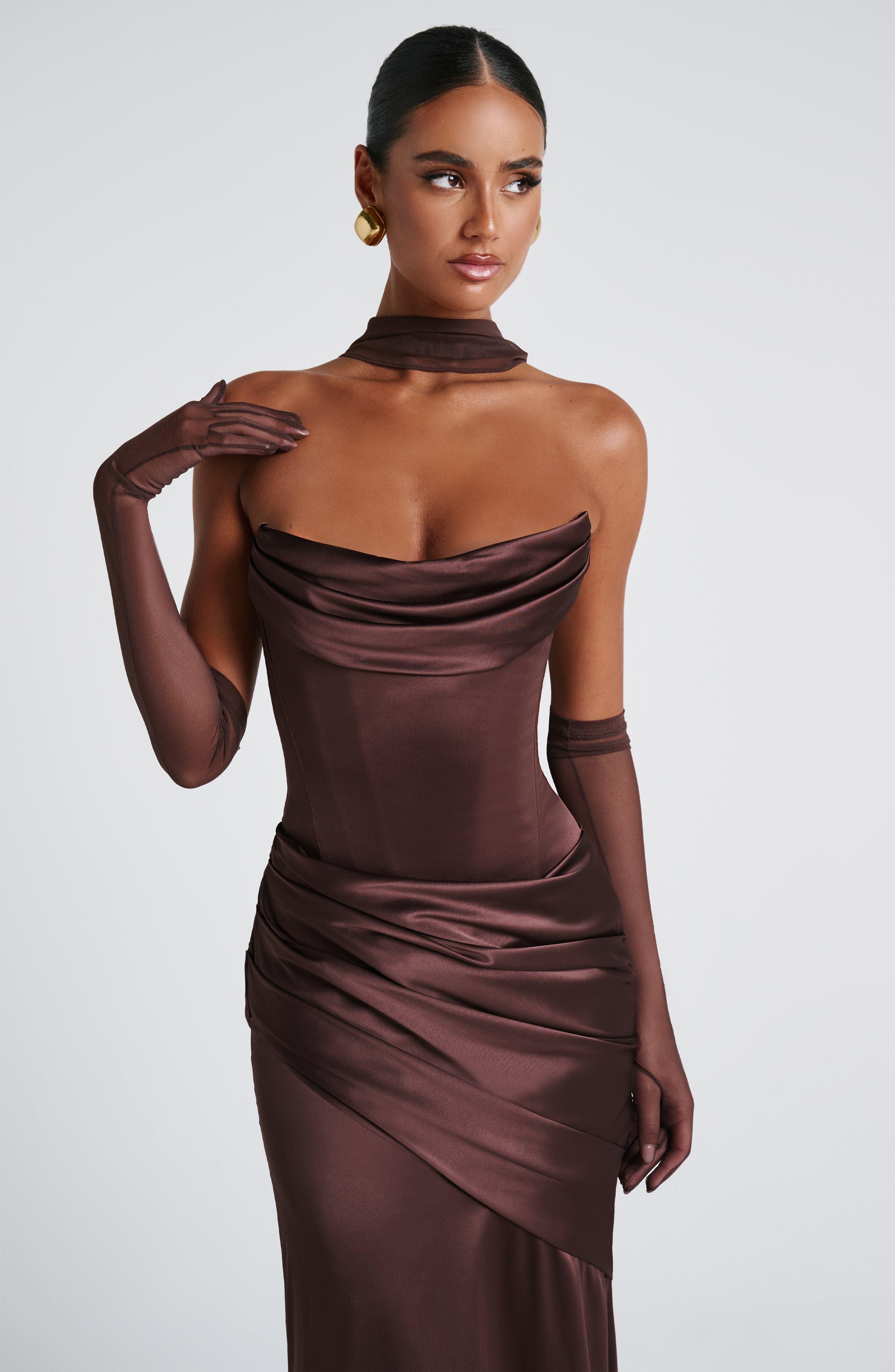 Eli Plum Brown Elbow Length Mesh Gloves