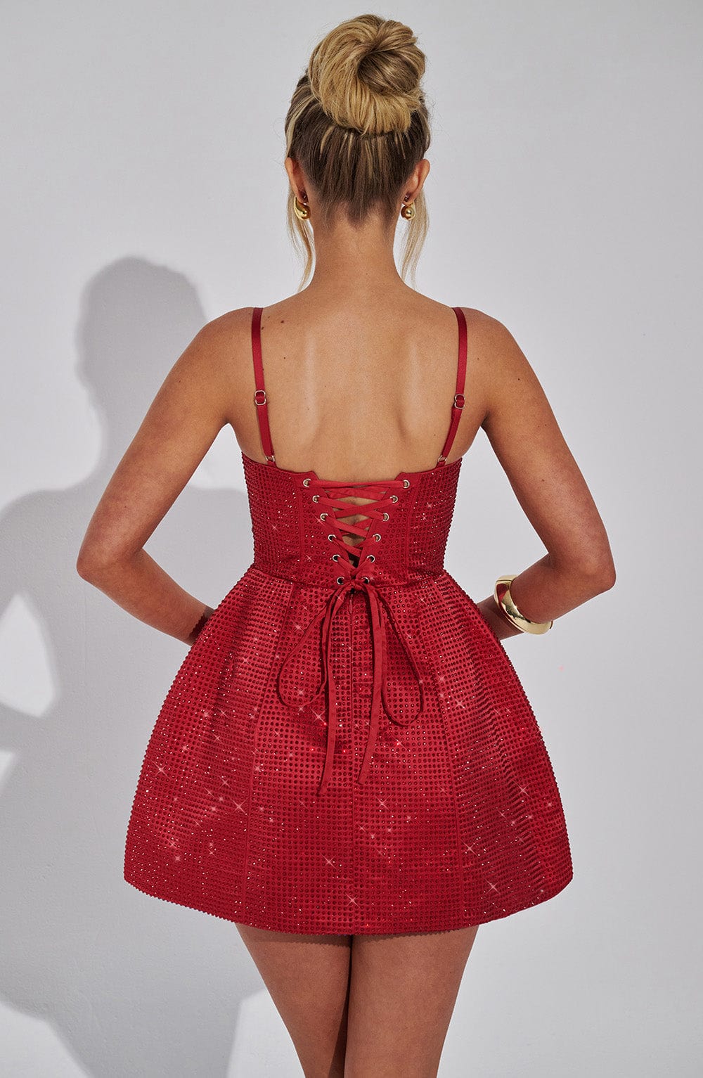 Red Rhinestone Mini Dress with Lace-Up Back – Emma Satin Party Dress