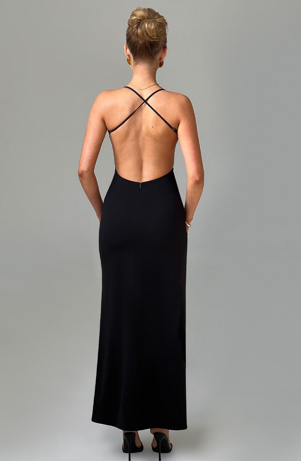 Beatrix Black Maxi Dress with Low Back & Thigh Split
