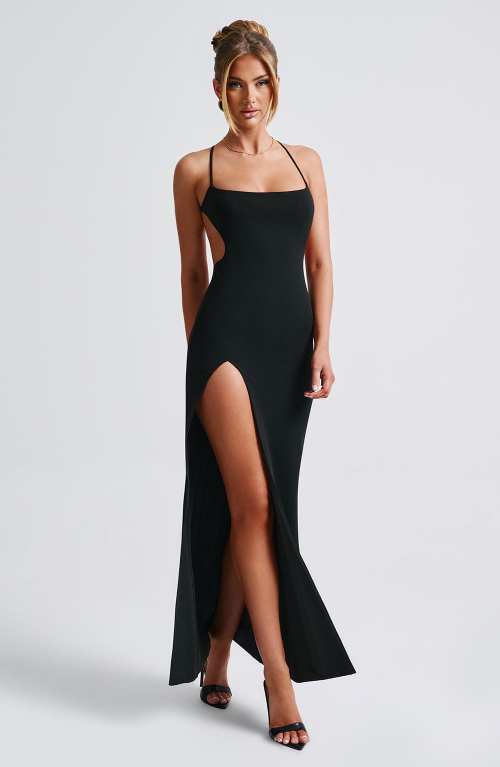 Beatrix Black Maxi Dress with Low Back & Thigh Split