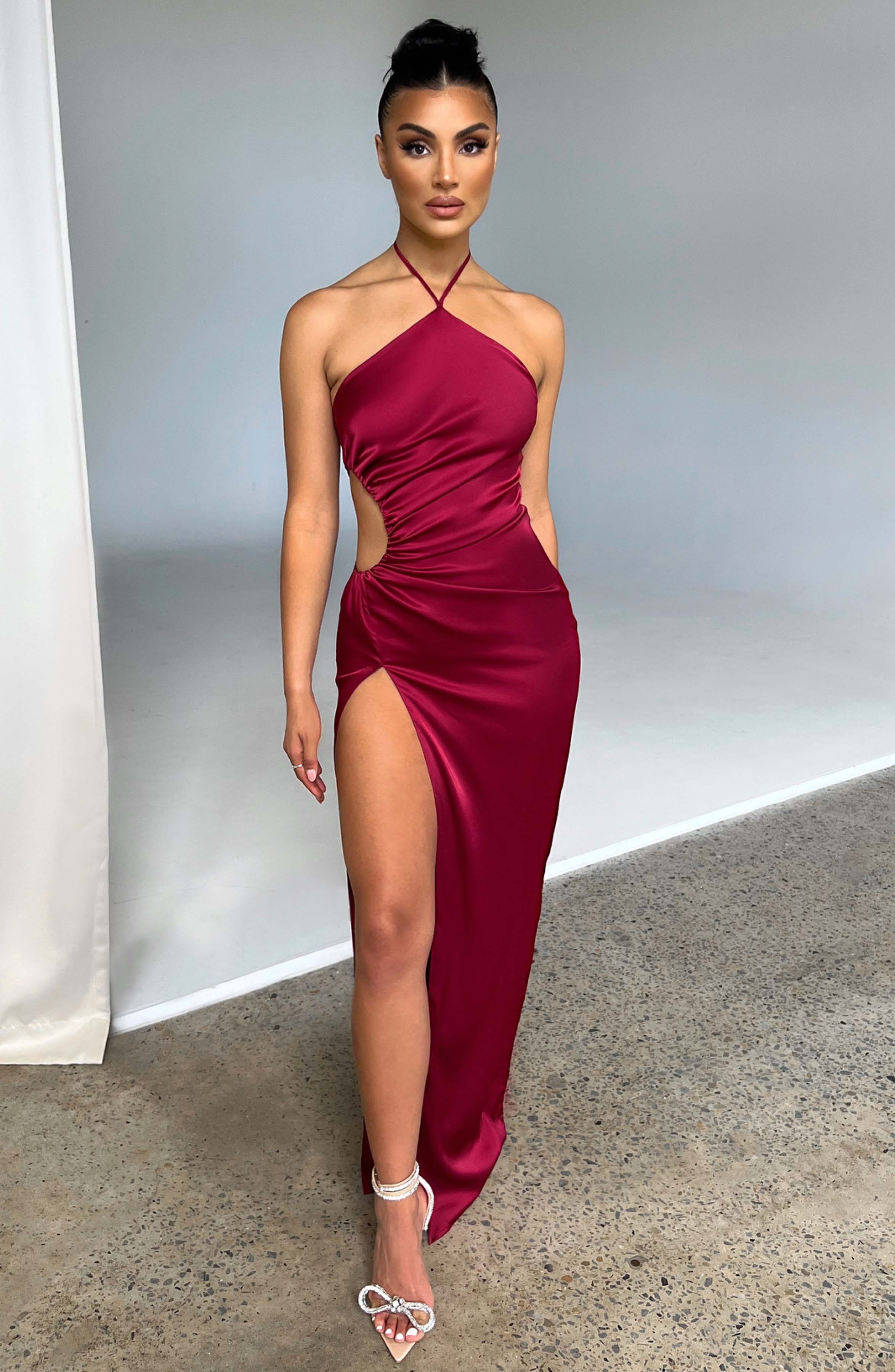 Vanessa Satin Maxi Dress with Cut Out Waist - Wine