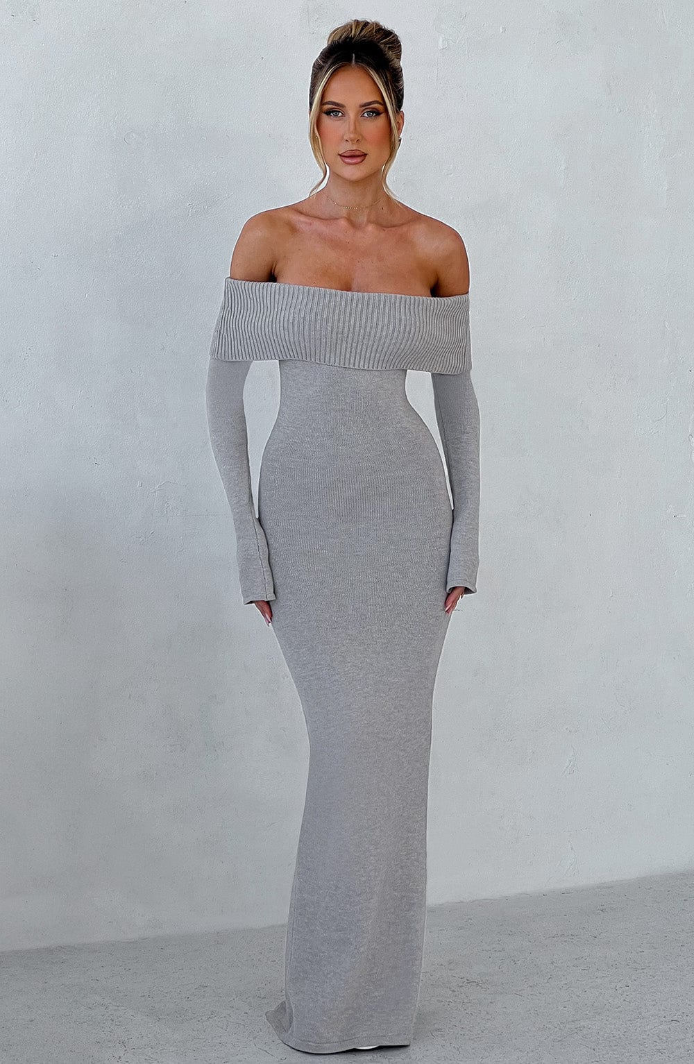 Beverley Off Shoulder Knit Maxi Dress - Light Grey Marl
