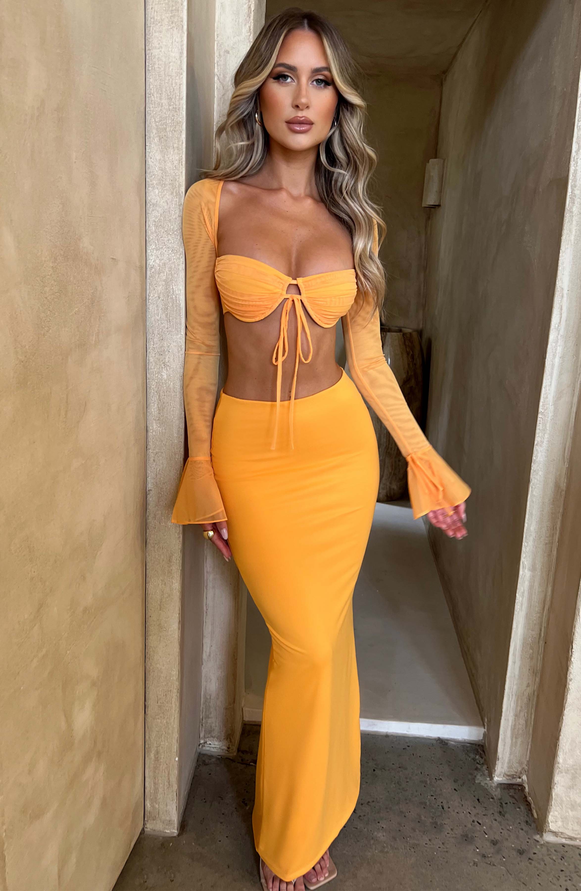 Astrid Bodycon Maxi Skirt in Tangerine - Stretch Mesh