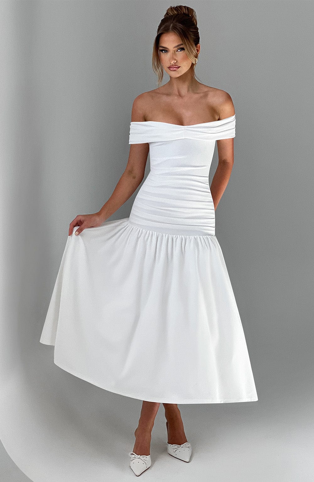 Wilhelmina Ivory Bardot Neckline Midaxi Dress for Evening Wear