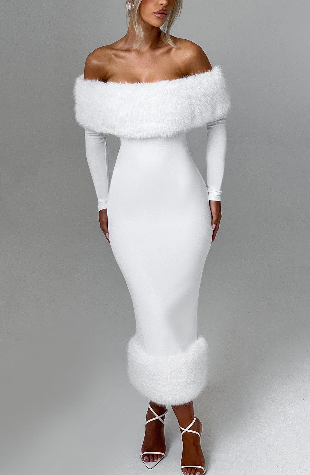 Vittoria Ivory Midi Dress with Bardot Neckline & Faux Fur Trim