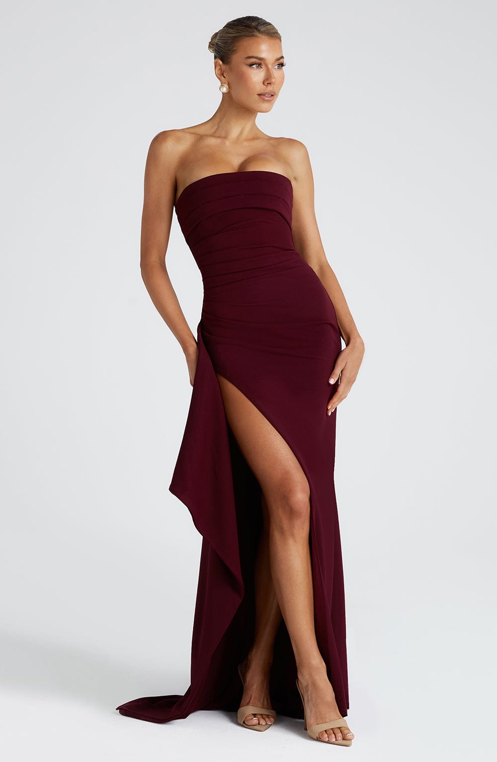 Zafira Strapless Pleated Maxi Dress in Cherry Lacquer
