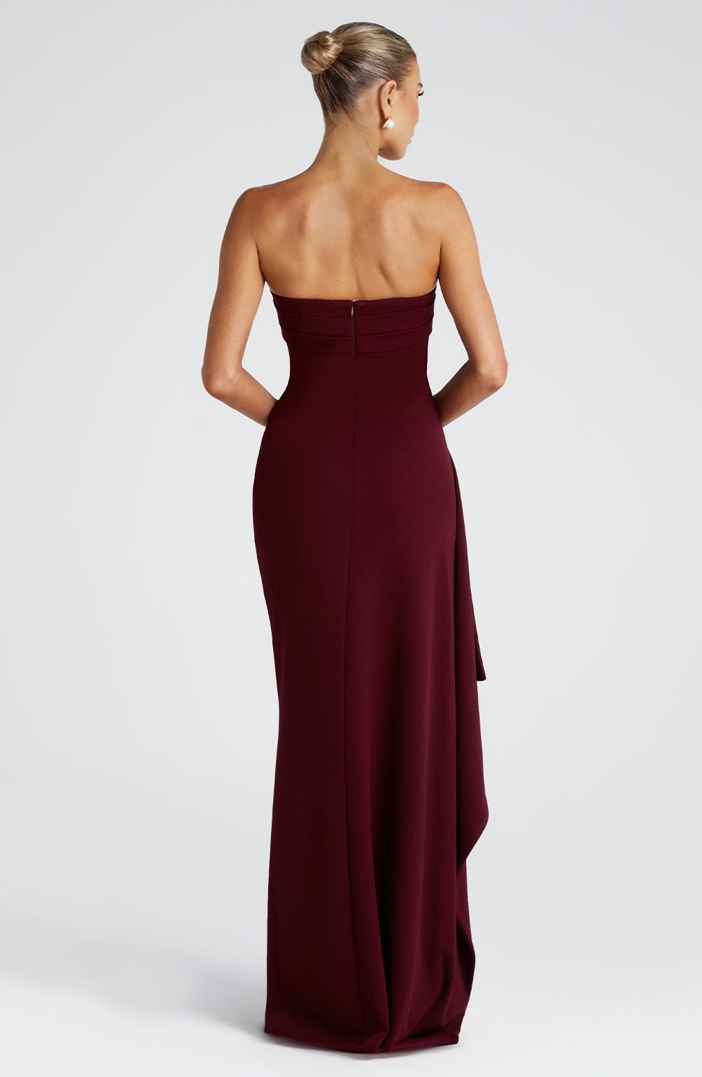 Zafira Strapless Pleated Maxi Dress in Cherry Lacquer