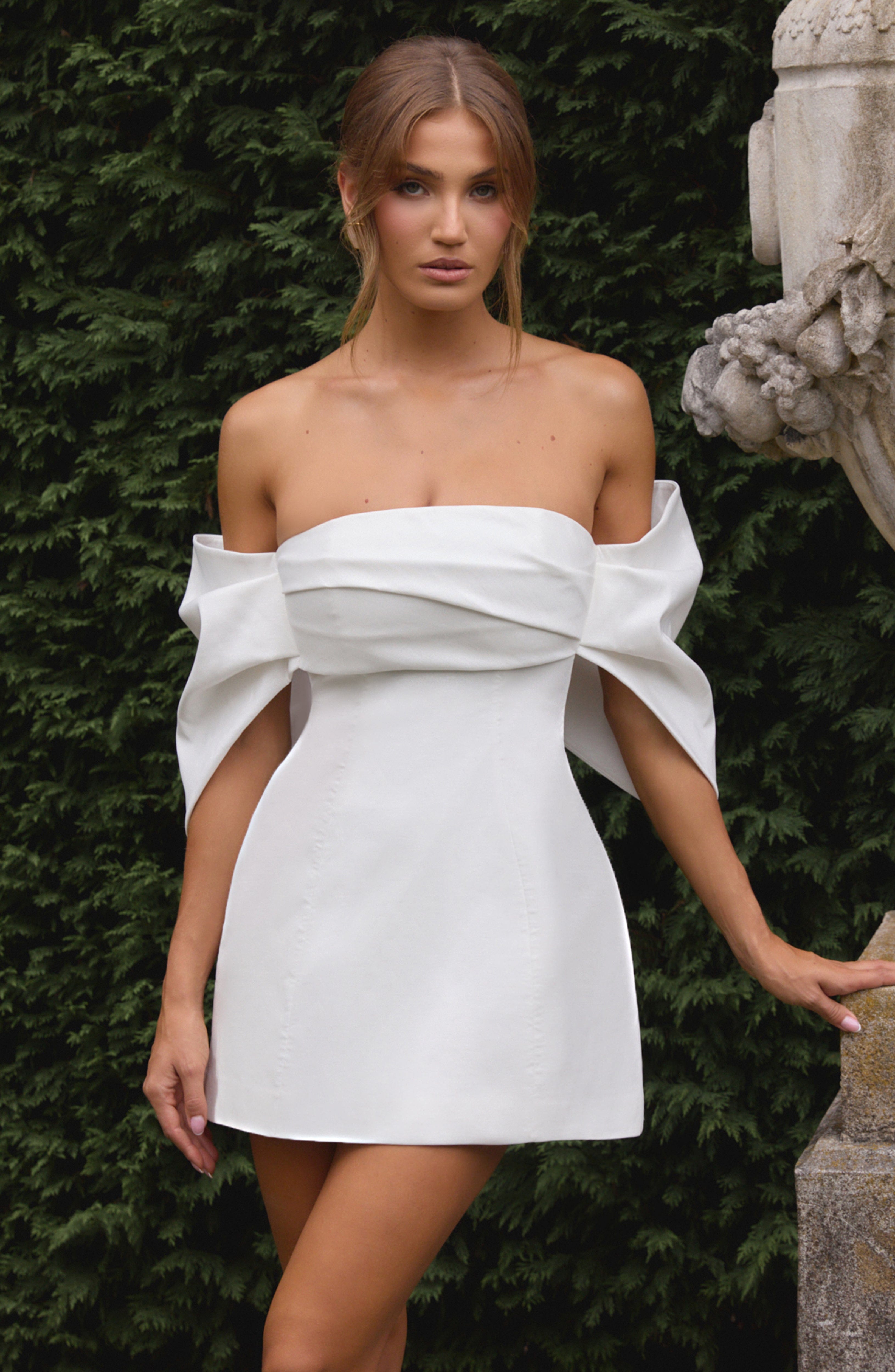 Ivory Briella Mini Dress with Bardot Neckline & Pleated Sleeves