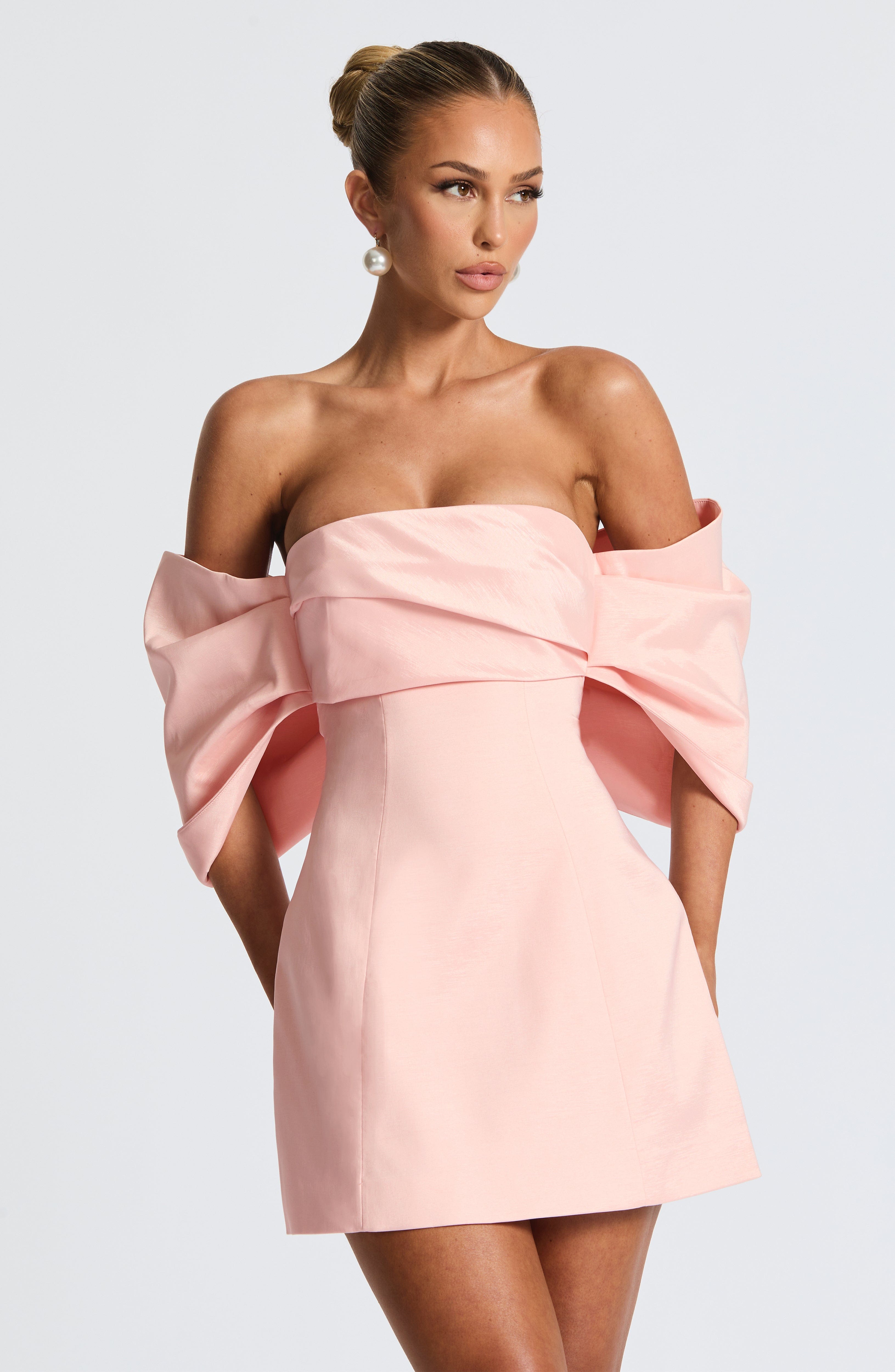 Briella Blush Mini Dress with Bardot Neckline & Pleated Sleeves
