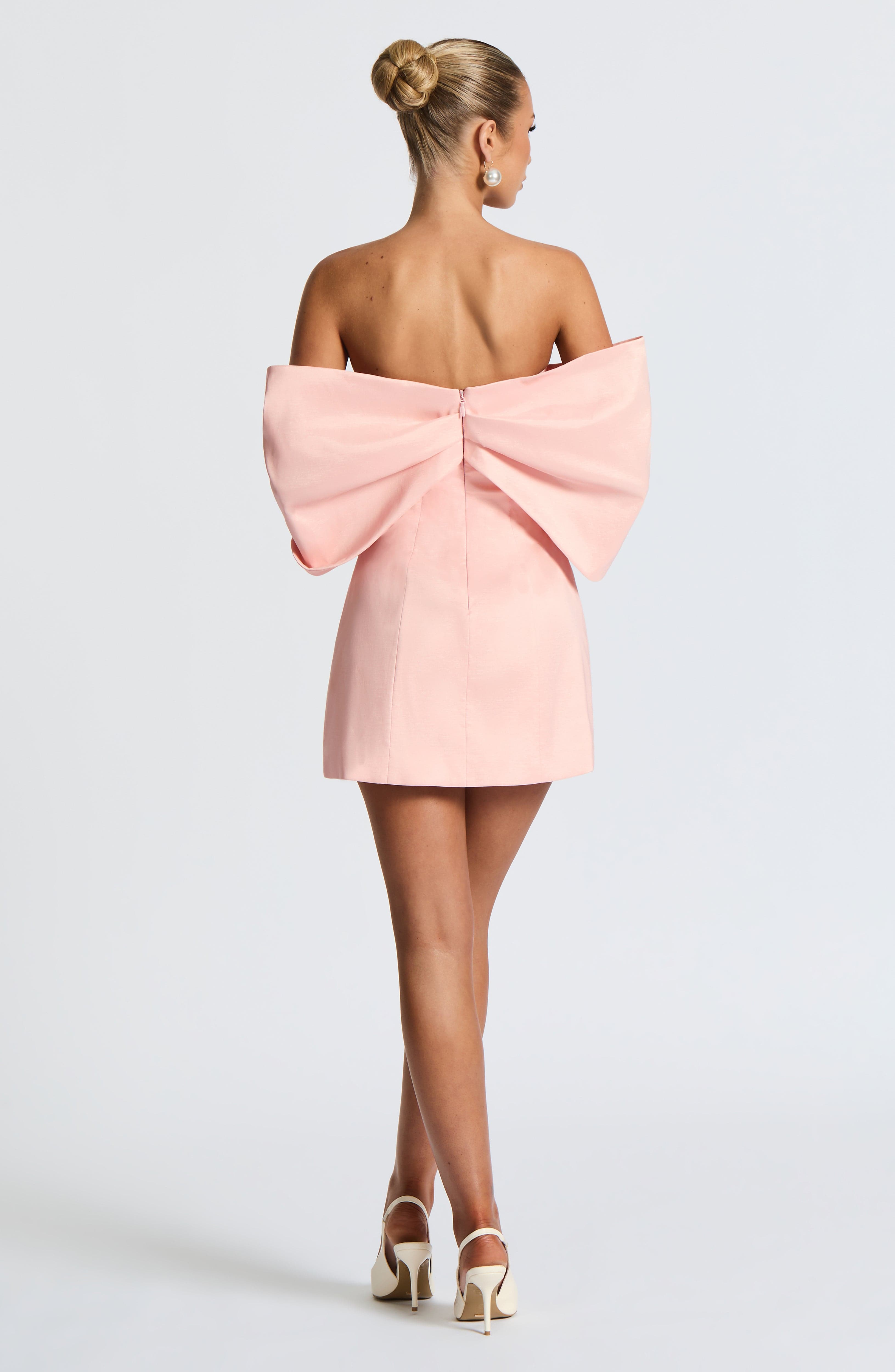 Briella Blush Mini Dress with Bardot Neckline & Pleated Sleeves