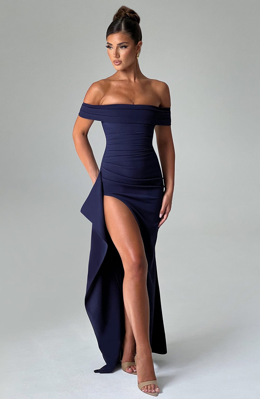 Joyce Navy Off-Shoulder Maxi Dress with Thigh Split