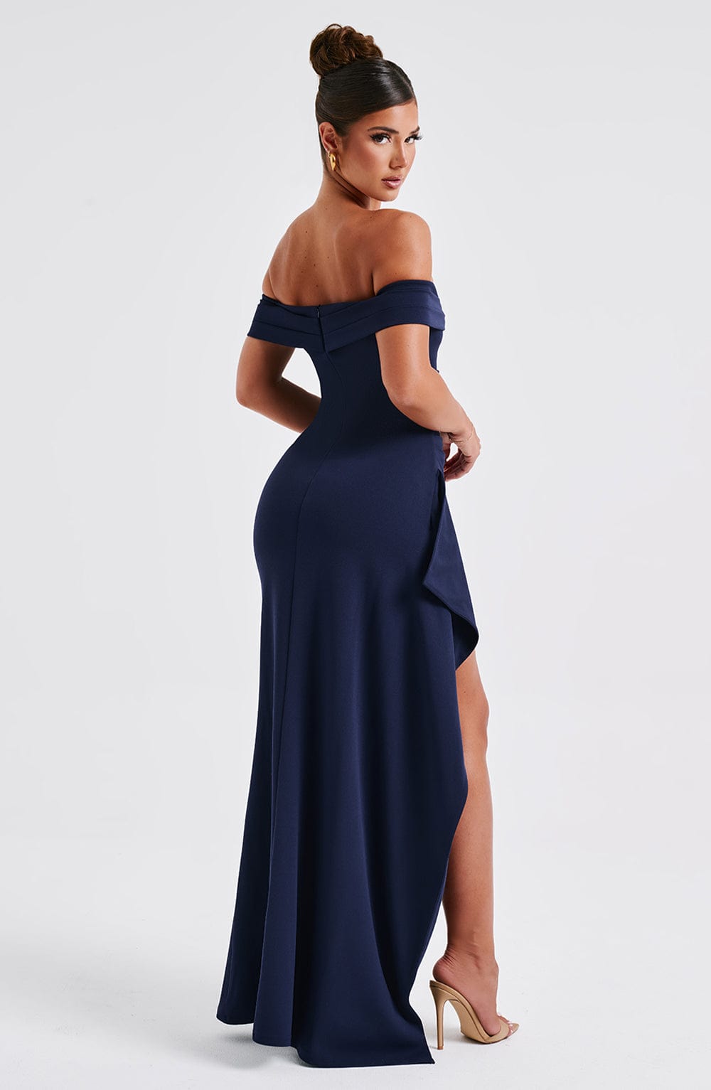 Joyce Navy Off-Shoulder Maxi Dress with Thigh Split