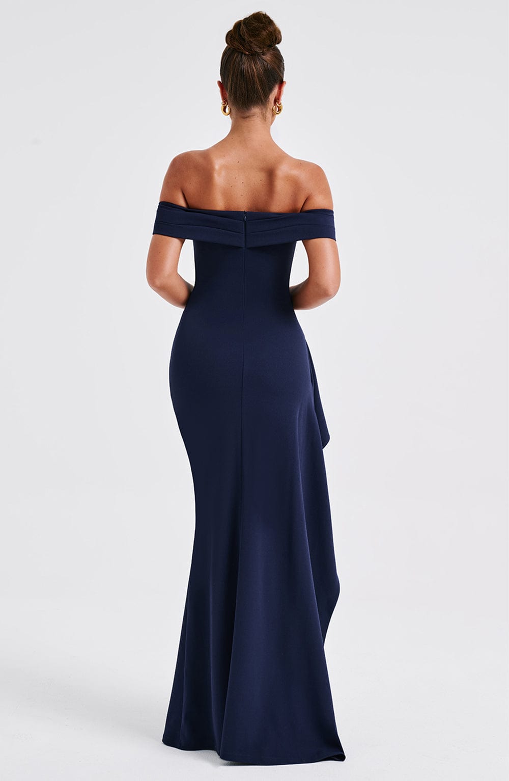 Joyce Navy Off-Shoulder Maxi Dress with Thigh Split