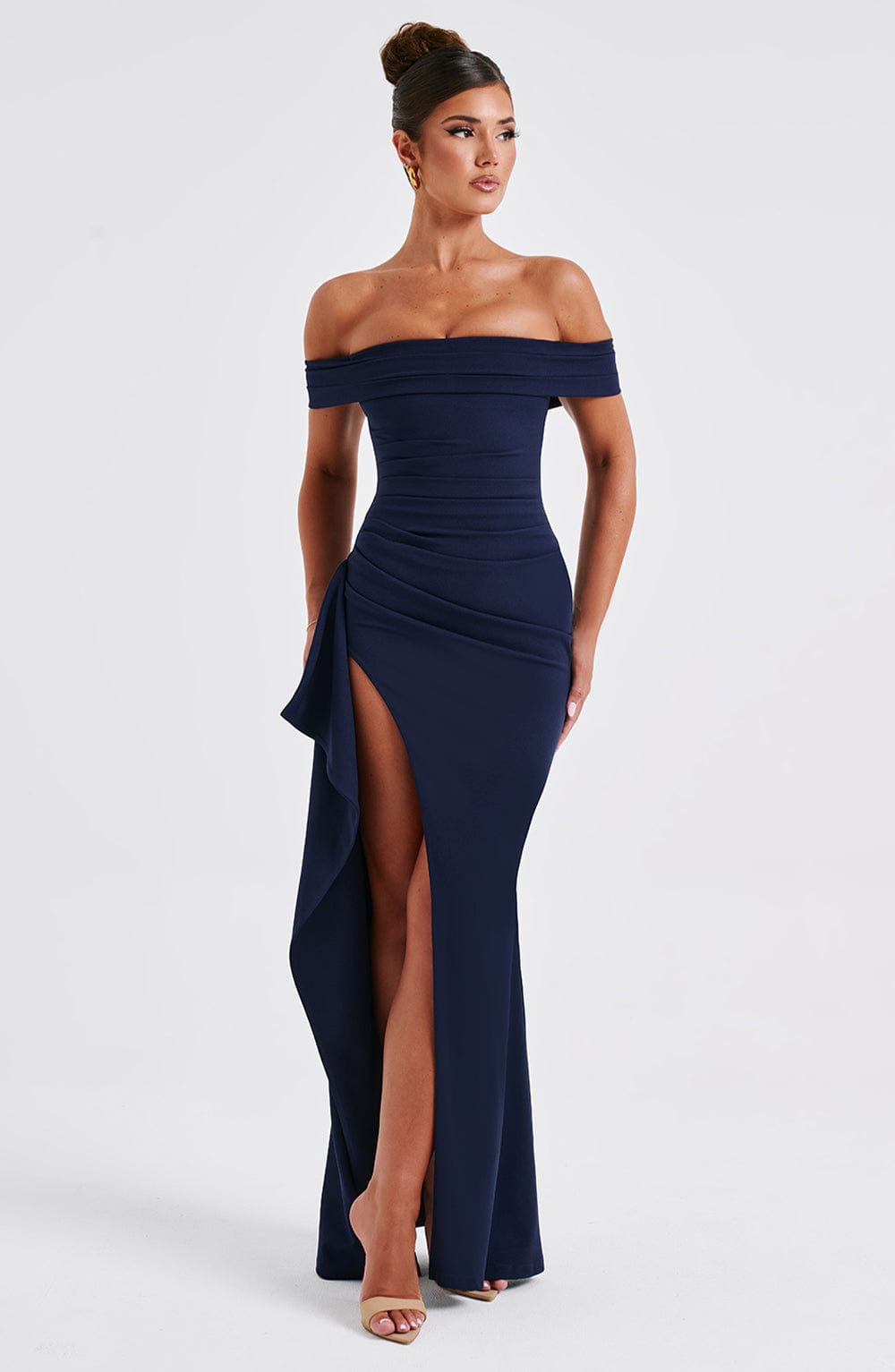 Joyce Navy Off-Shoulder Maxi Dress with Thigh Split