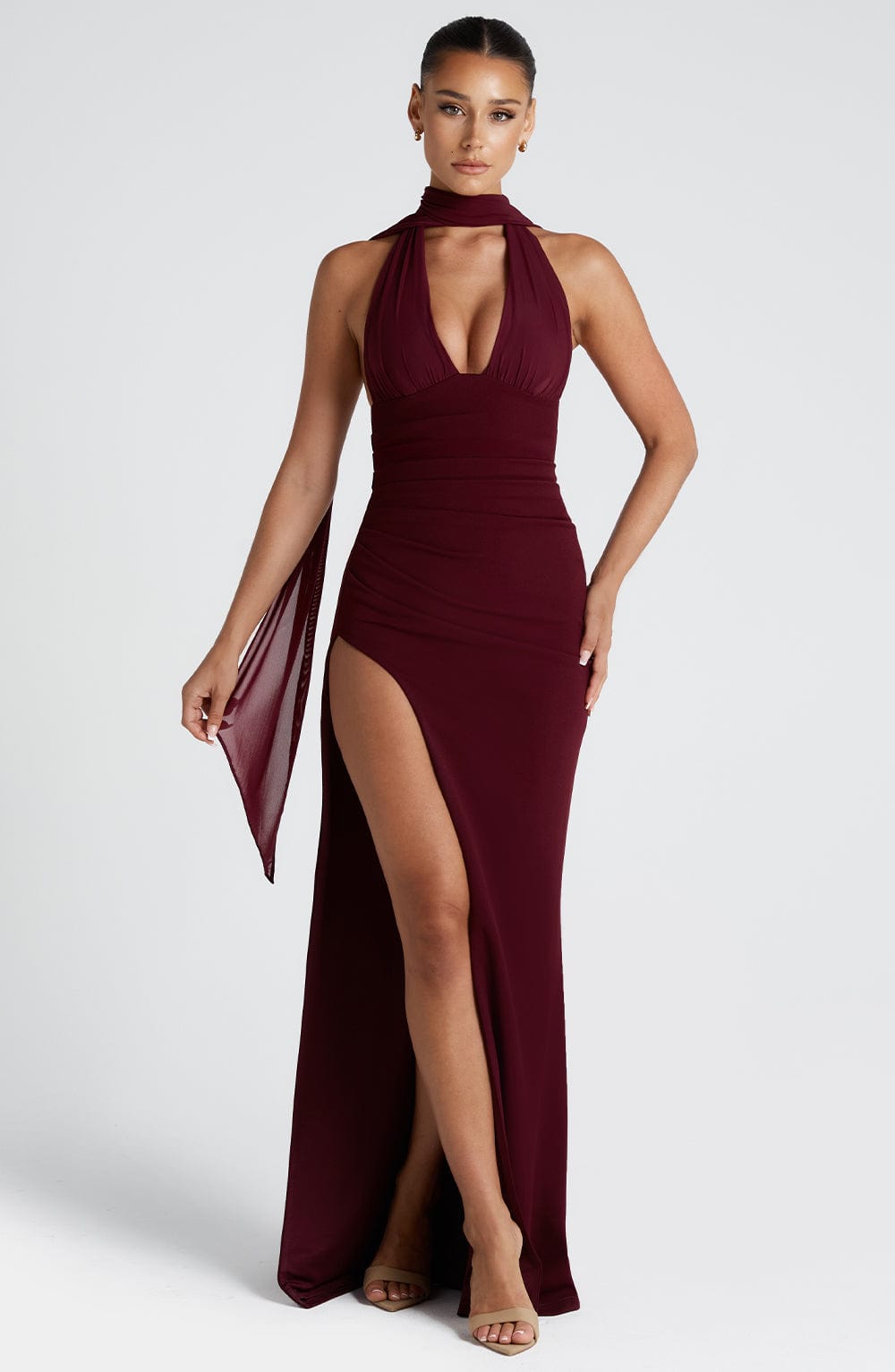 Cherry Lacquer Paulina Halter Neck Maxi Dress with Thigh Split