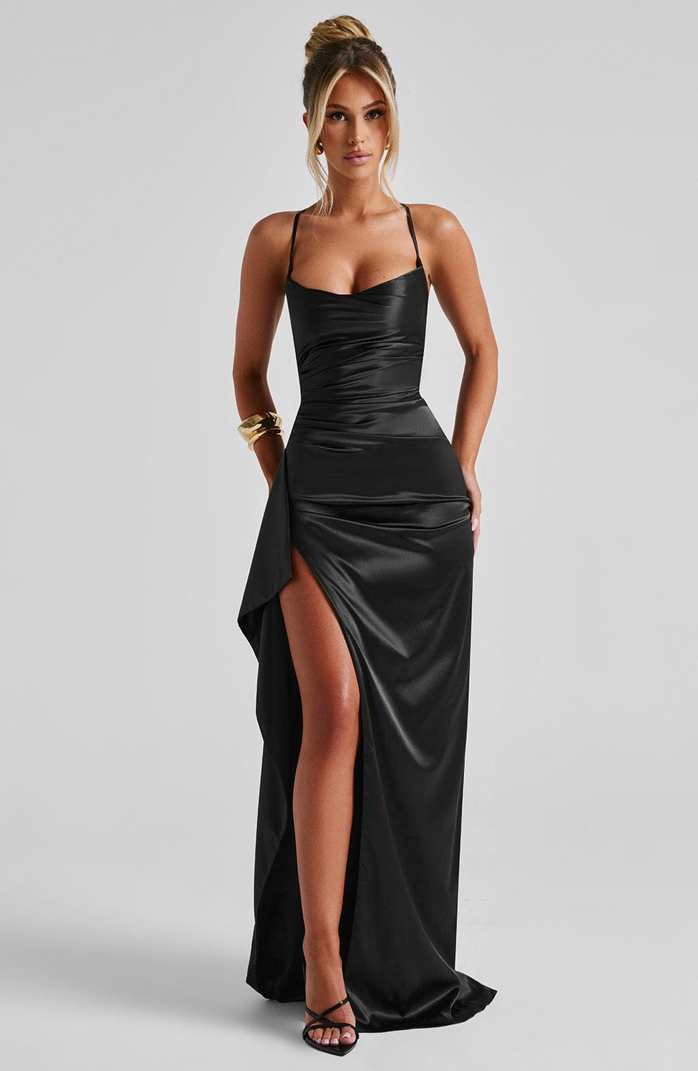 Black Helen Maxi Dress with Lace Up Back & Thigh Split