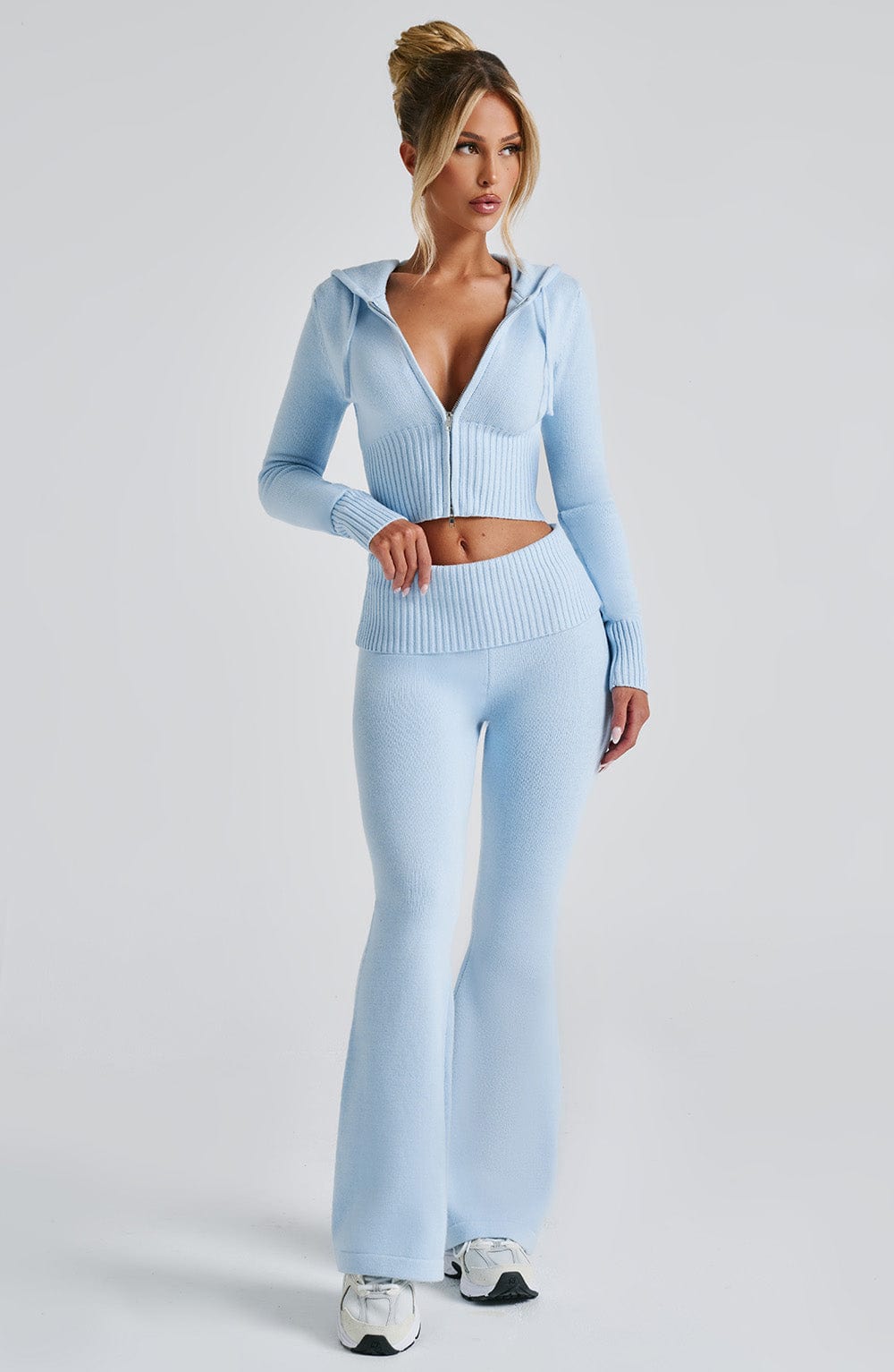 Portia Knit Flare Pants in Baby Blue with Rib Waistband