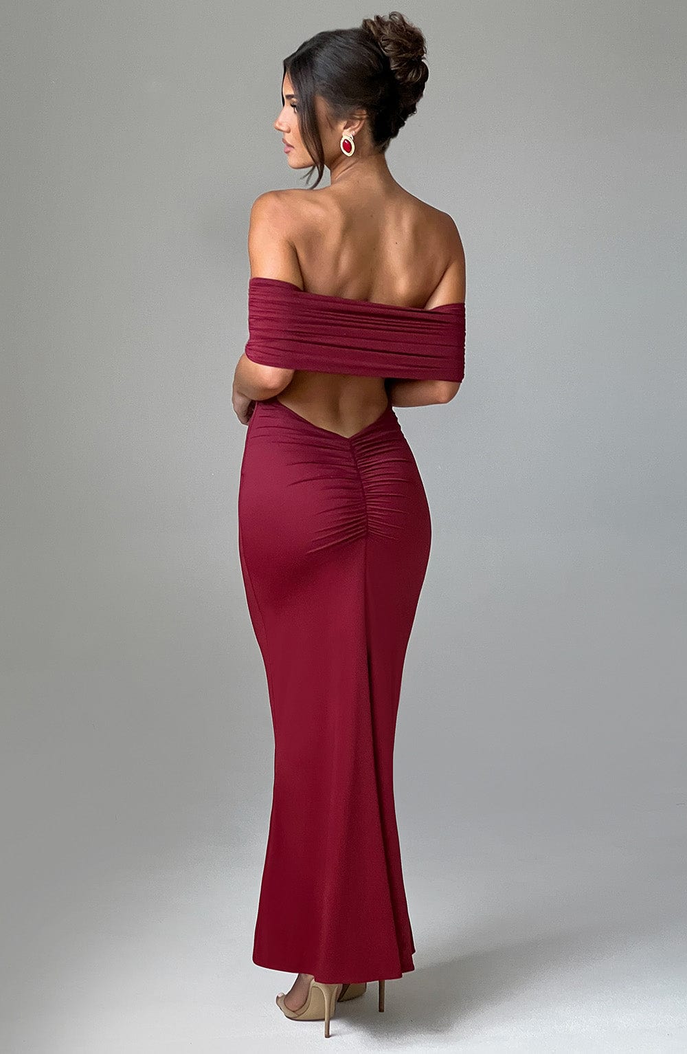 Burgundy Belinda Off Shoulder Maxi Dress with Low Back Detail