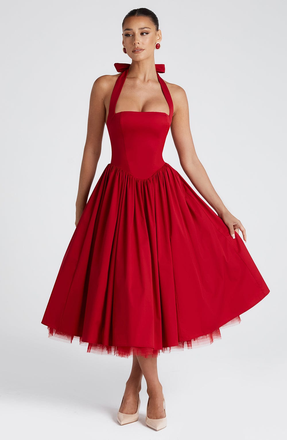 Red Cressida Midi Dress with Halter Neck & Lace-Up Back