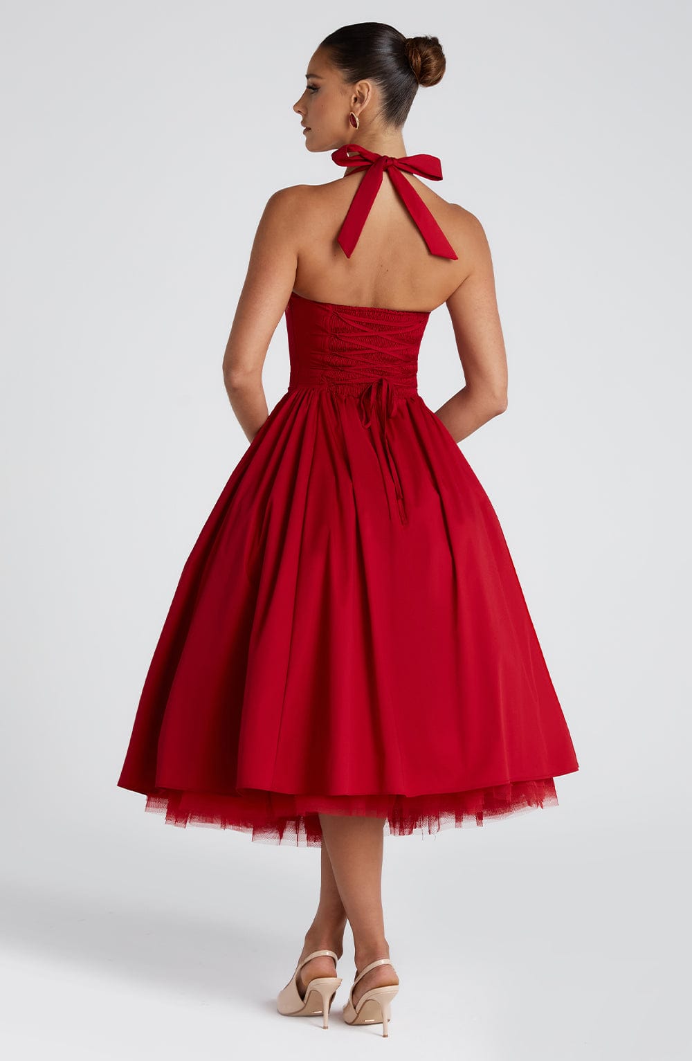Red Cressida Midi Dress with Halter Neck & Lace-Up Back